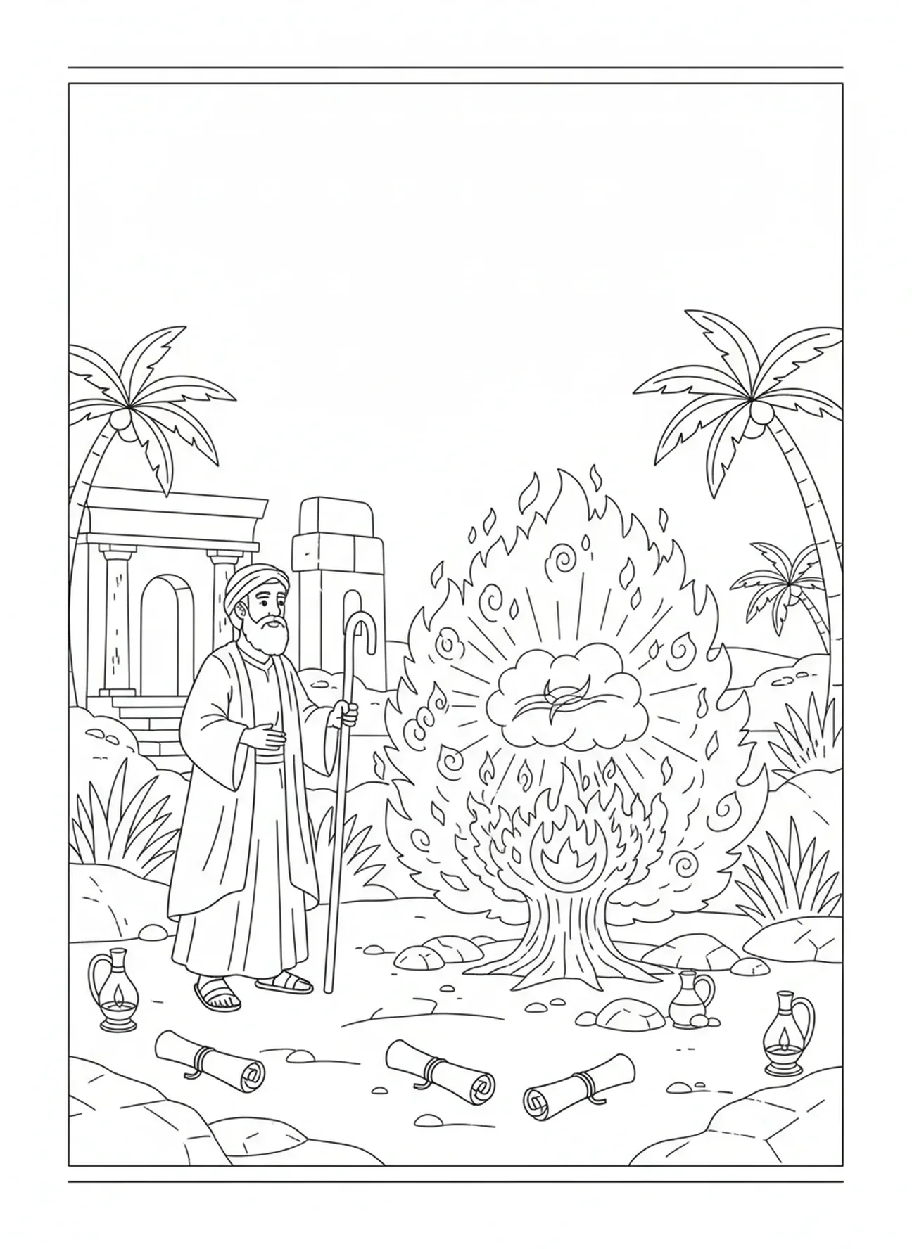 Moïse écoutant, page à colorier de Moïse et le buisson ardent pour les enfants de l'École du dimanche âgés de 5 à 12 ans.