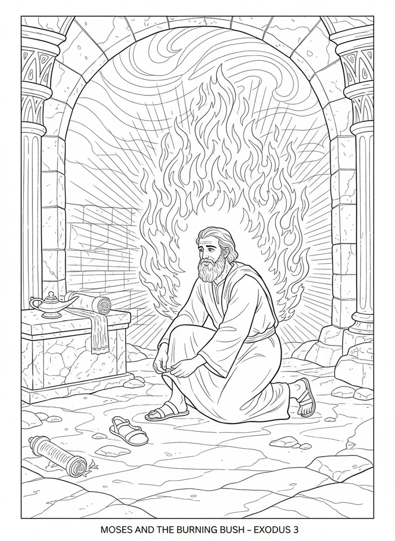 Moïse à genoux, page à colorier de Moïse et le buisson ardent pour les enfants de l'École du dimanche âgés de 5 à 12 ans.