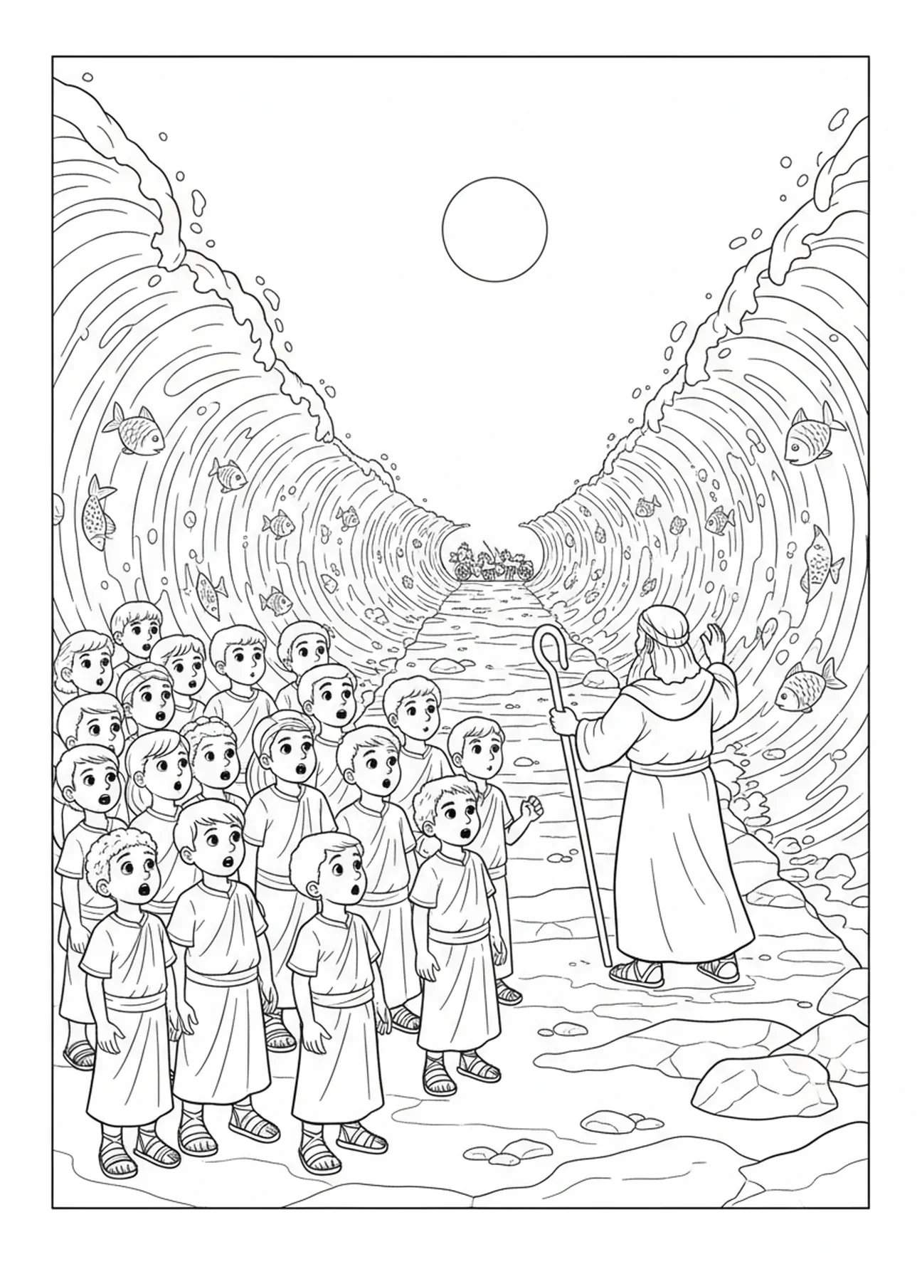 Enfants curieux regardant Moïse, Moïse séparant la mer Rouge, page à colorier pour les enfants de 5 à 10 ans.