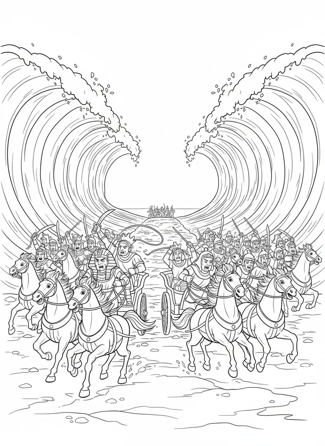 L'armée de Pharaon à cheval, Moïse séparant la mer Rouge, page à colorier pour les enfants de 5 à 10 ans.