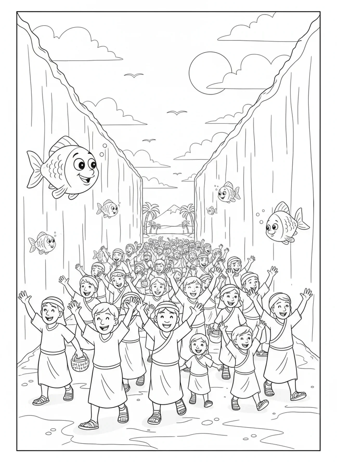 Poissons curieux nageant, Moïse séparant les eaux de la mer Rouge page à colorier pour les enfants de 5 à 10 ans.