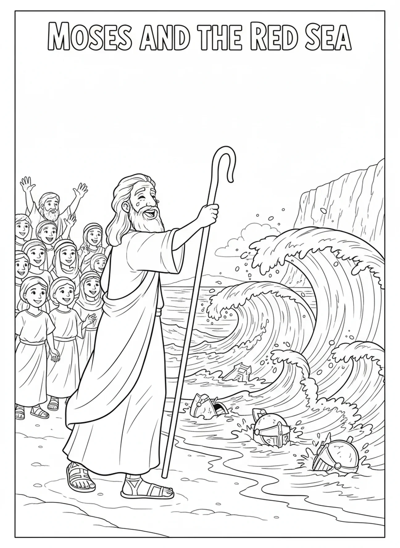 Moïse et les Israélites en relief, page à colorier de Moïse séparant la mer Rouge pour les enfants de 5 à 10 ans.