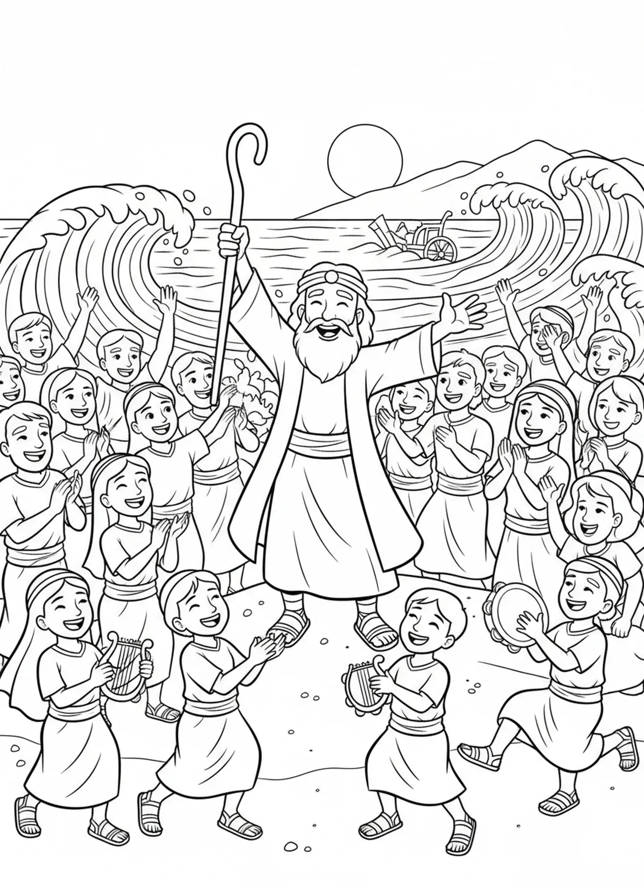 Israelitas celebrando en la orilla, Moisés Partiendo el Mar Rojo con la Nube y el Pilar de Fuego, página para colorear para niños de 5 a 10 años.