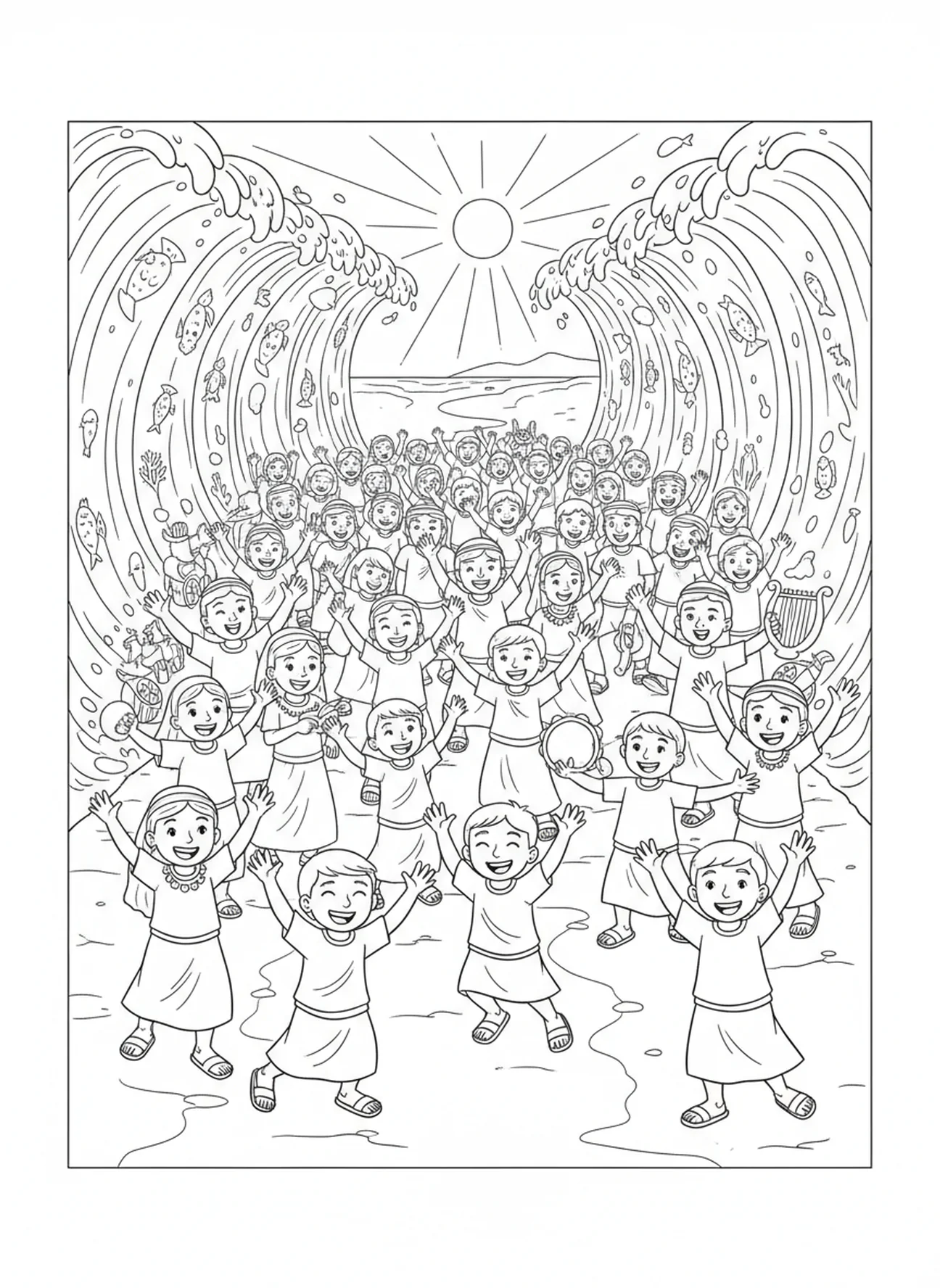 Celebrando a los israelitas en tierra, página para colorear de Moisés y el Mar Rojo para niños de 5 a 10 años.