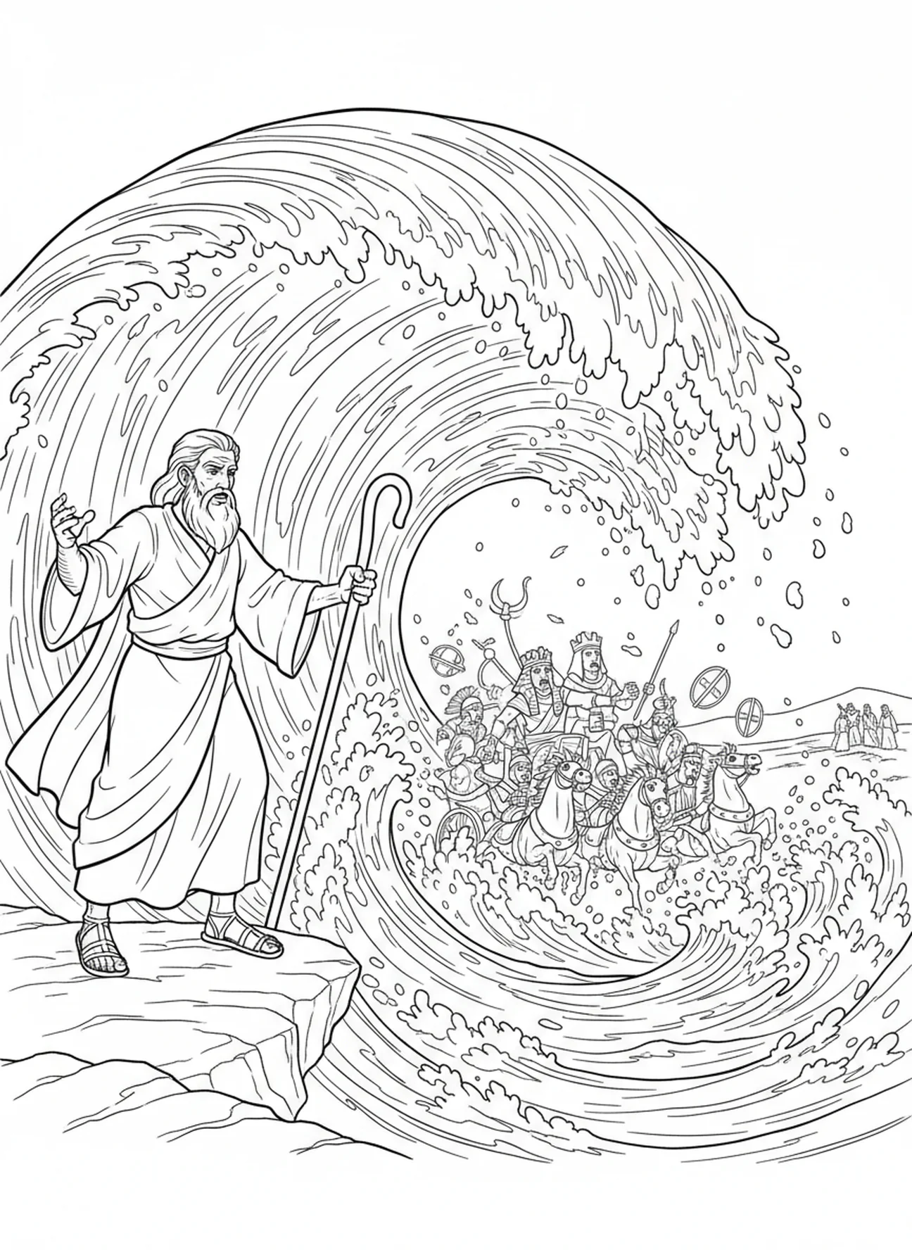Moisés bajando su vara, página para colorear del Mar Rojo para niños de 5 a 10 años.