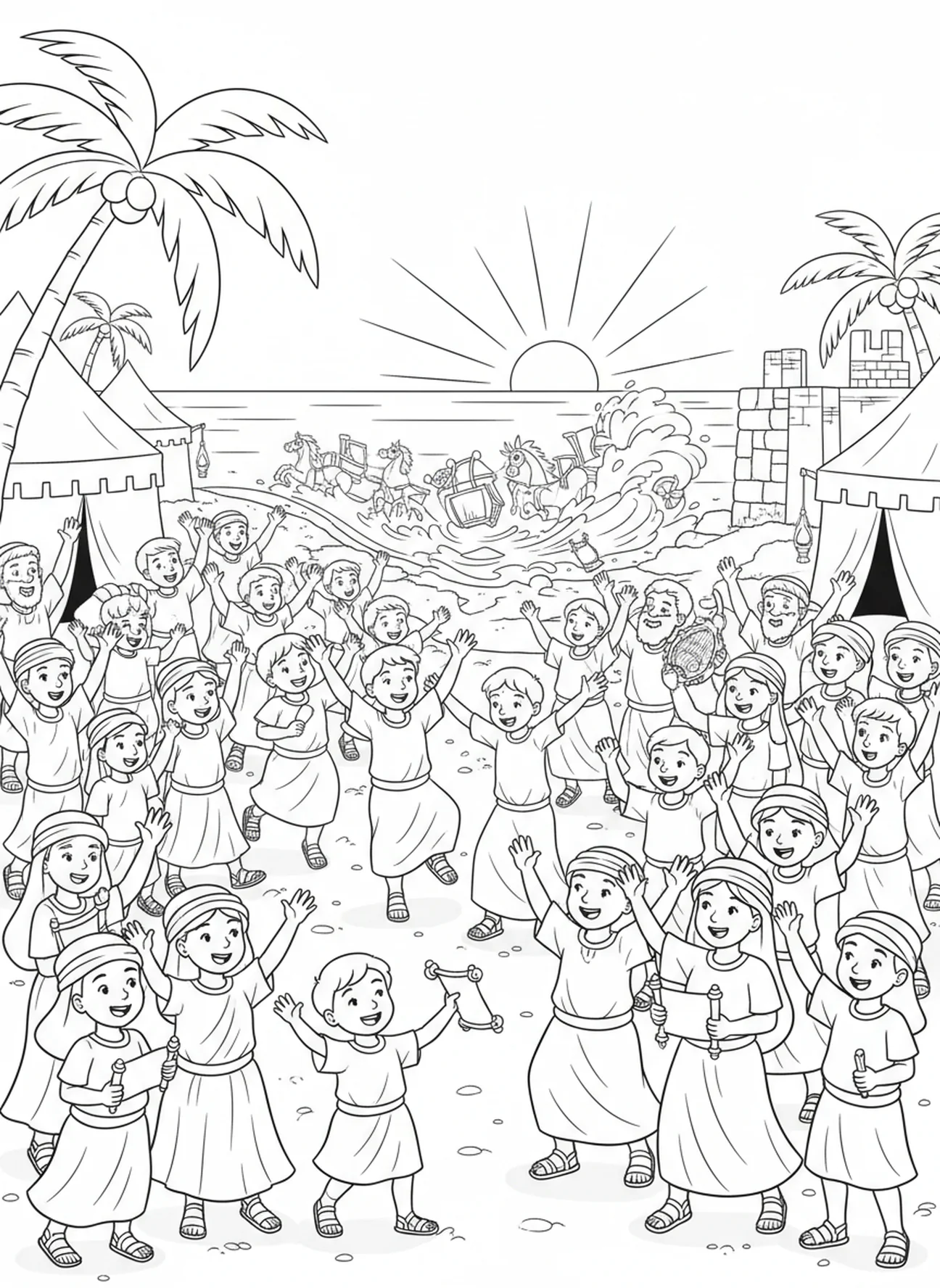 Páginas para colorir sobre os israelitas e Moisés no Mar Vermelho para crianças da Escola Dominical de 5 a 12 anos.