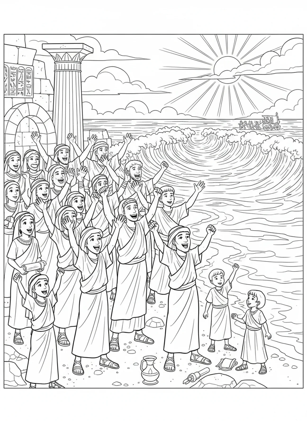 Israelitas agradecidos, página de colorir de Moisés e o Mar Vermelho para crianças de 5 a 12 anos na Escola Dominical.