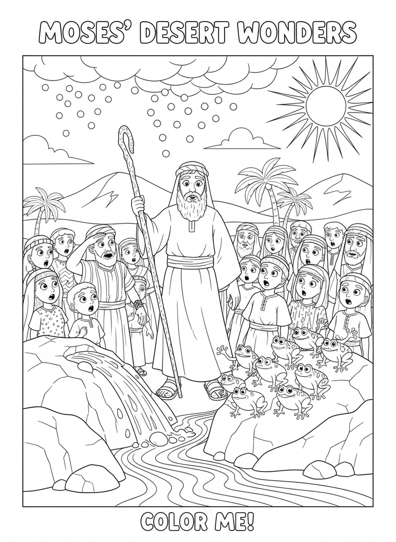Moses vollbringt Wunder mit seinem Stab, Ausmalbild von Moses' Stab und Schlange für Kinder im Alter von 5-10 Jahren