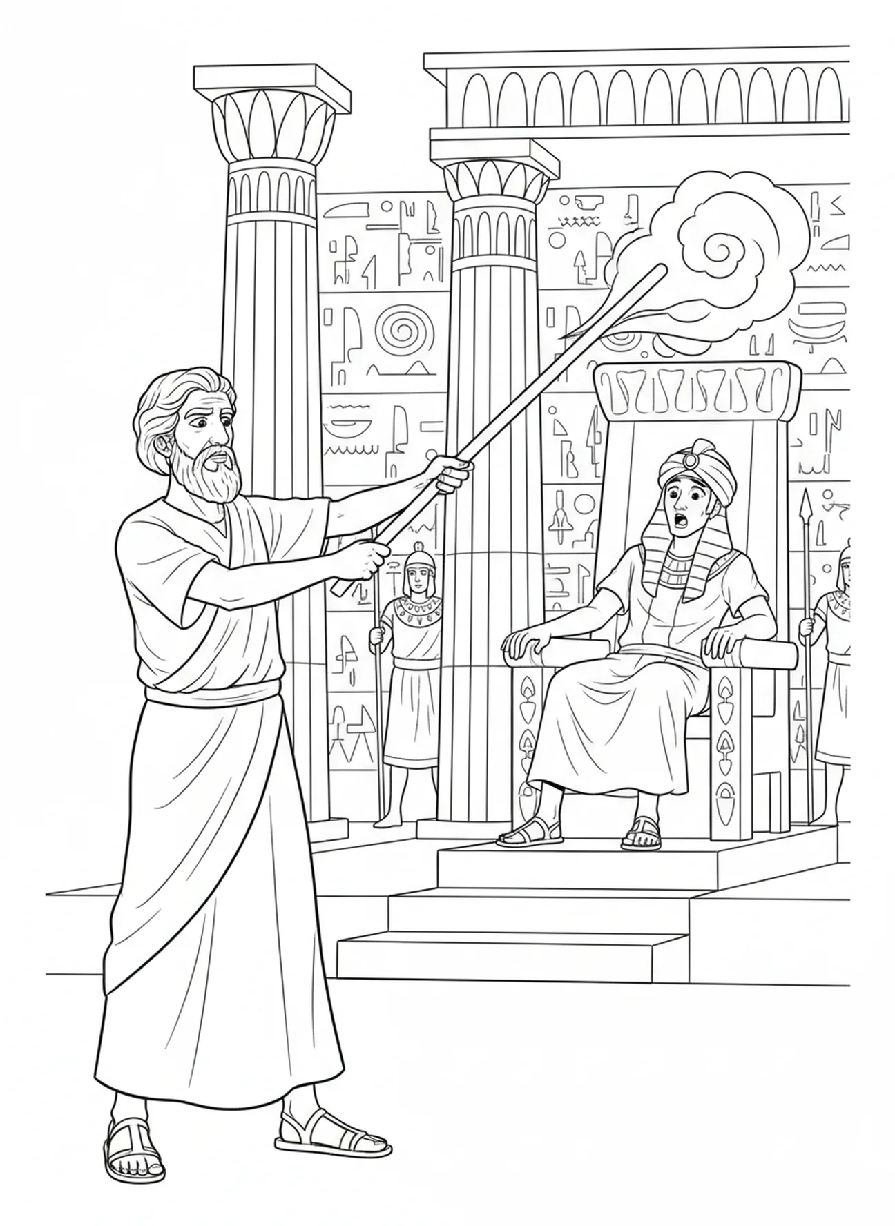 Moses konfrontiert den Pharao mit dem Stab, Ausmalbild von Moses' Stab als Schlange für Kinder im Alter von 5-10 Jahren