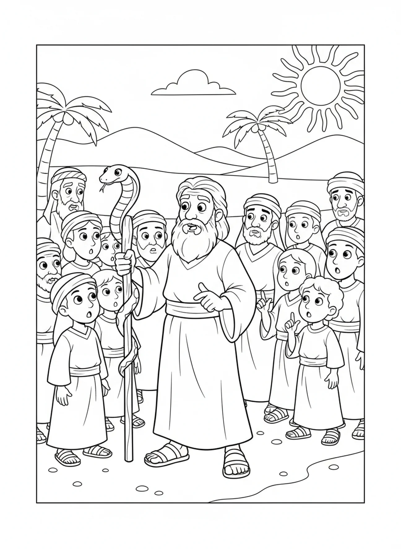 Moses zeigt den Menschen seinen Stab mit der Schlange, Ausmalbild von Moses' Stab mit Schlange für Kinder im Alter von 5-10 Jahren