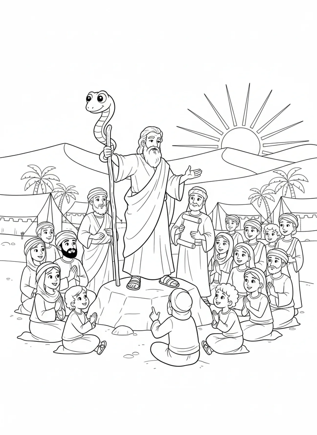Moses lehrt über den Glauben mit seinem Stab, Ausmalbild von Moses' Stab und Schlange für Kinder im Alter von 5-10 Jahren