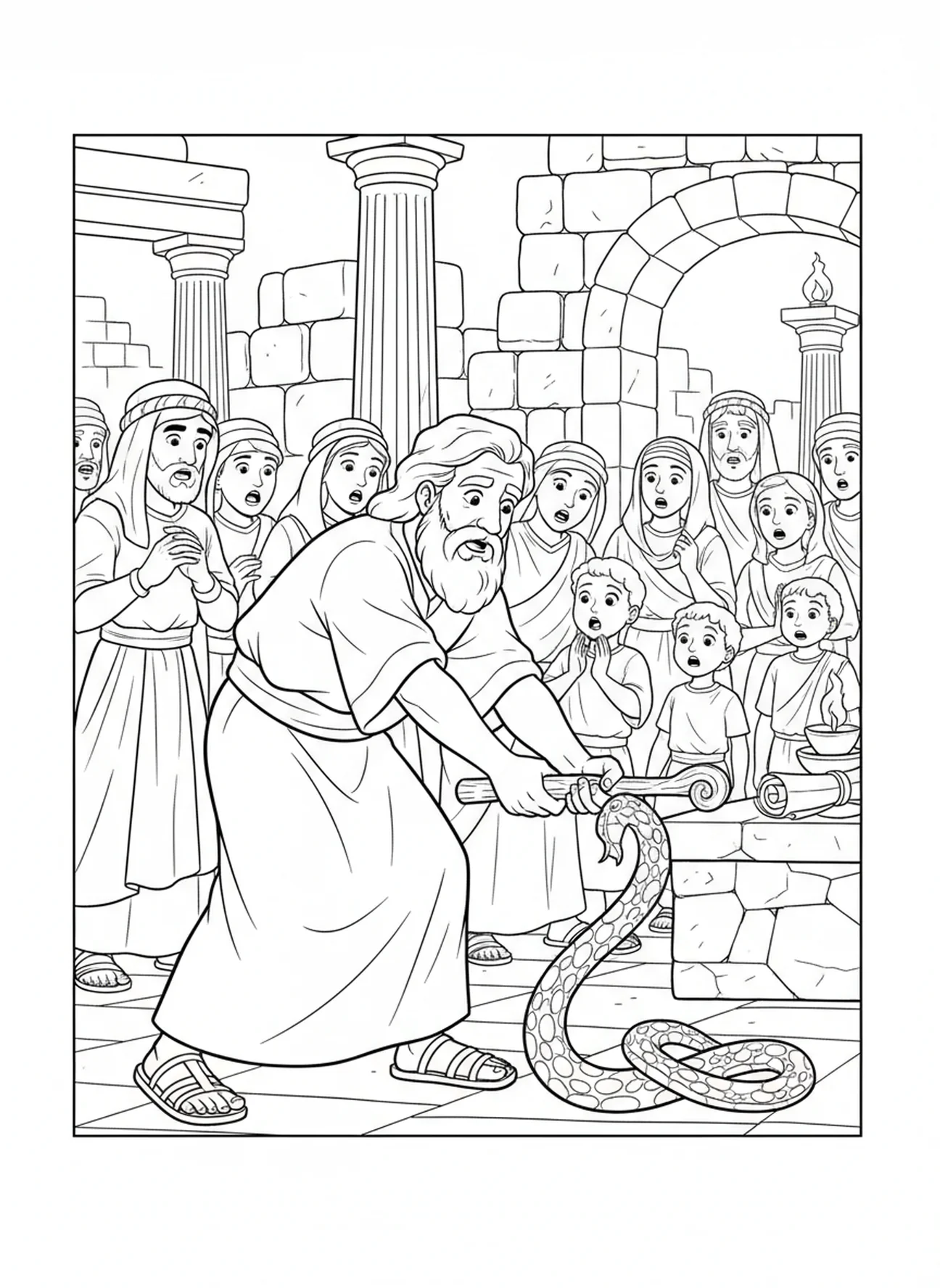 Moïse récupérant sa verge, page à colorier de la Verge de Moïse et du Serpent pour les enfants de l'École du dimanche âgés de 5 à 12 ans