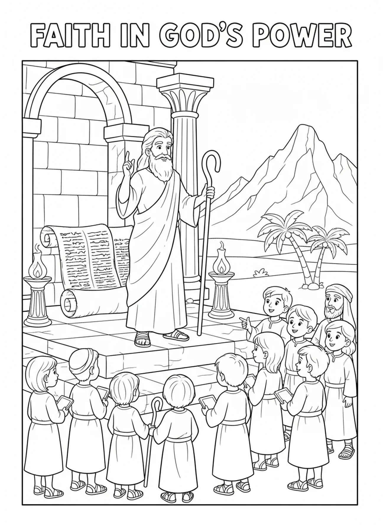 Moïse enseignant à la foule, page à colorier de la tige de Moïse transformée en serpent pour l'École du dimanche, enfants de 5 à 12 ans