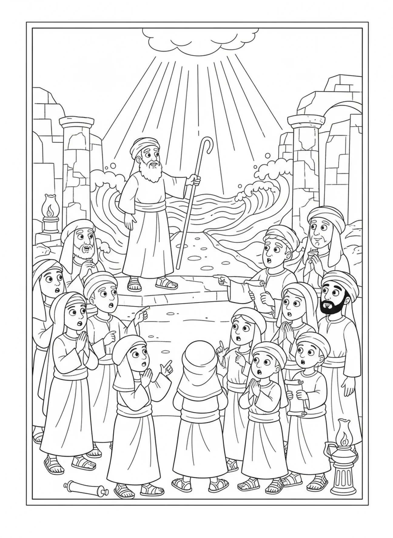 Foule réagissant au miracle, page à colorier de la baguette de Moïse transformée en serpent pour les enfants de l'École du dimanche âgés de 5 à 12 ans