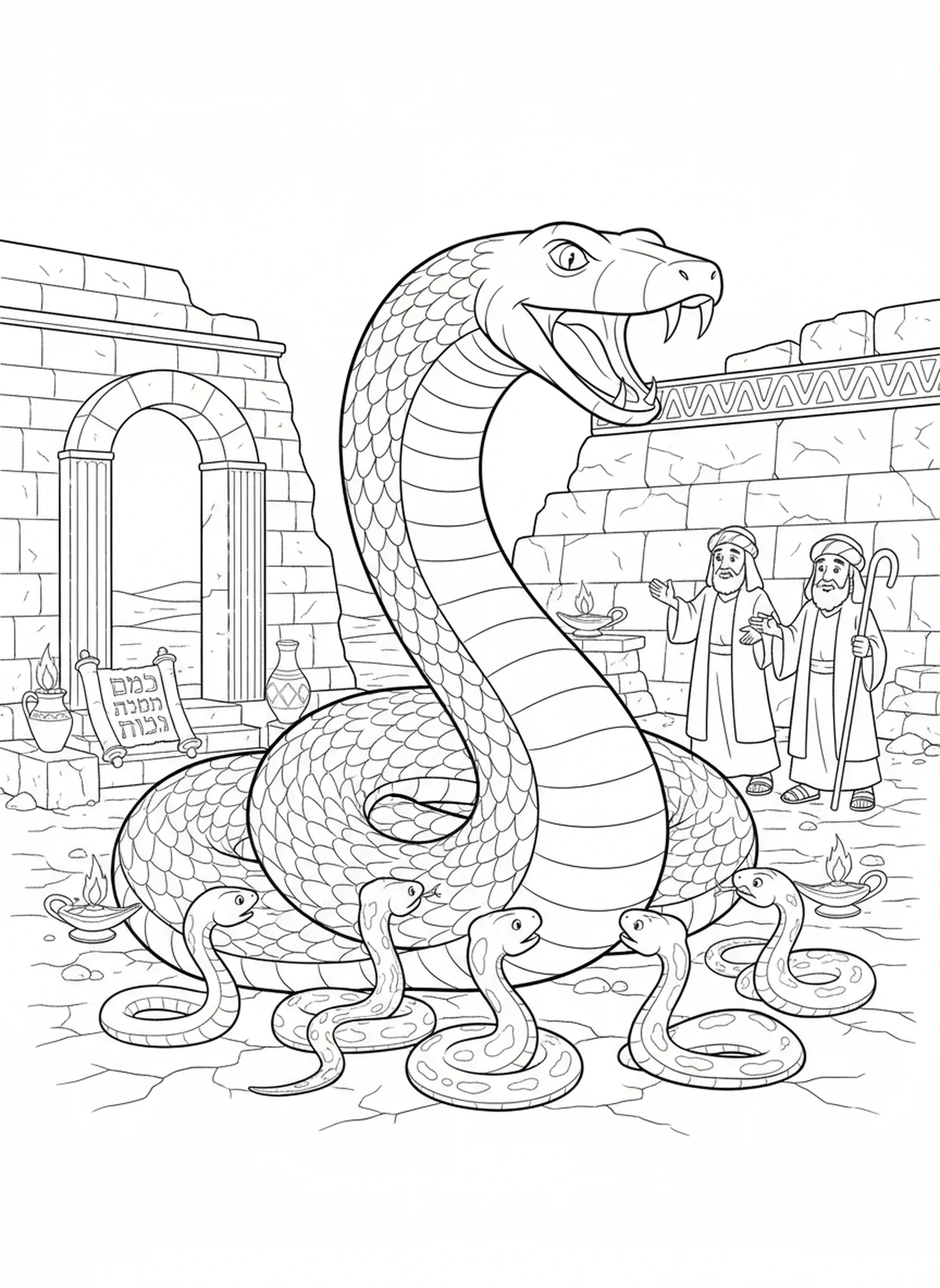Serpent miraculeux dévorant d'autres serpents, page à colorier de la baguette de Moïse pour les enfants de l'École du dimanche âgés de 5 à 12 ans