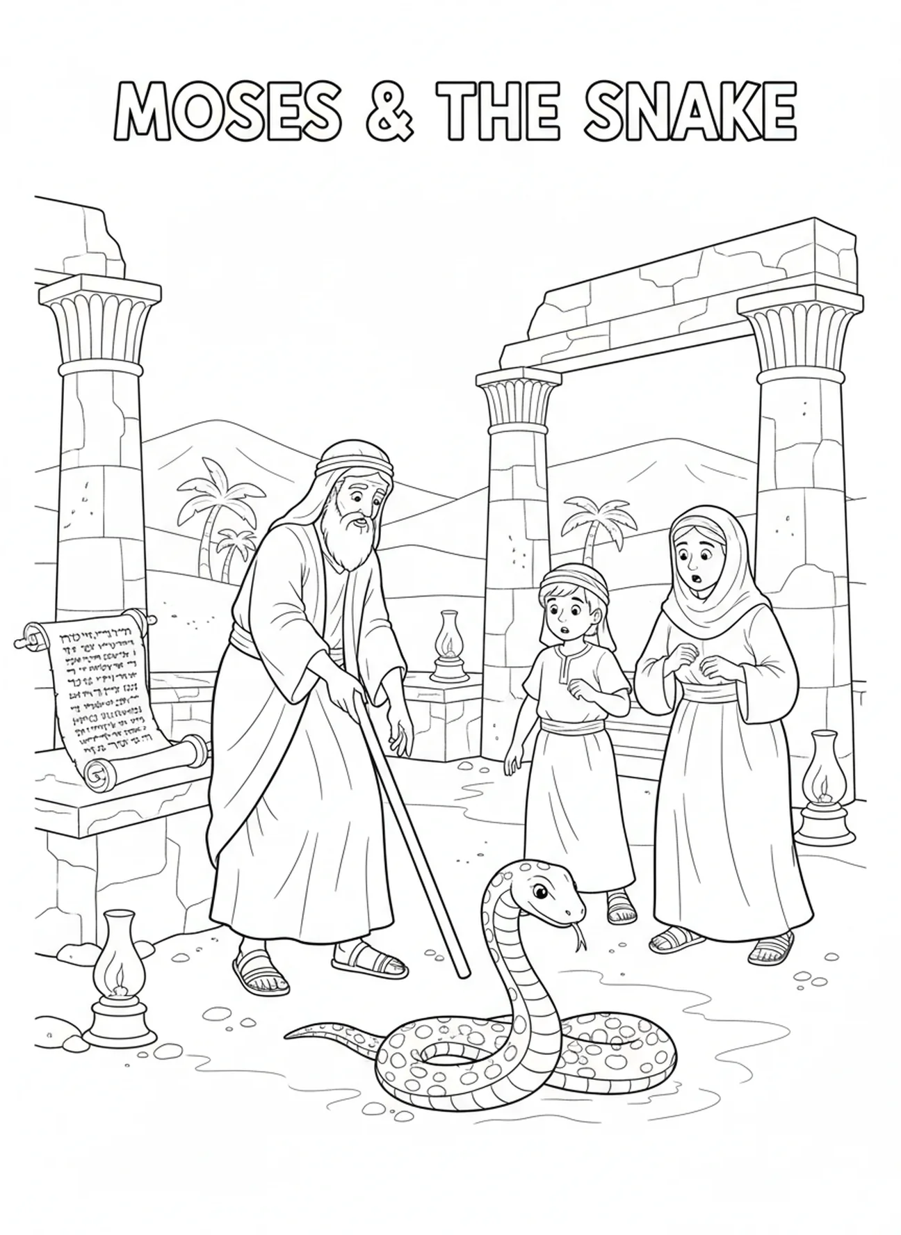 Moïse lançant sa verge, page à colorier de la verge de Moïse transformée en serpent pour les enfants de l'École du dimanche âgés de 5 à 12 ans