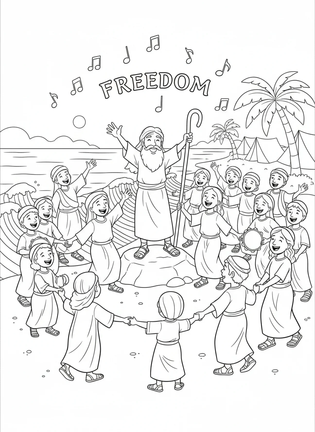 Moïse et les Israélites célébrant la liberté, page à colorier du bâton de Moïse pour les enfants de 5 à 10 ans.