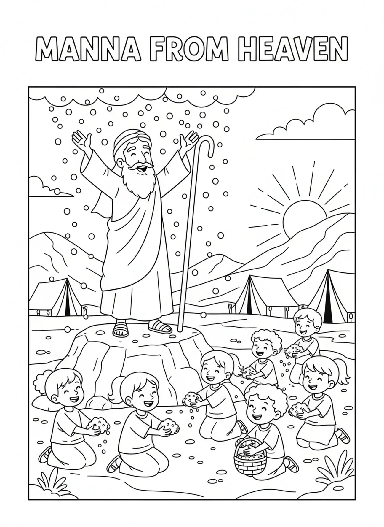 Manna tombant du ciel, page à colorier sur le bâton de Moïse pour les enfants de 5 à 10 ans.