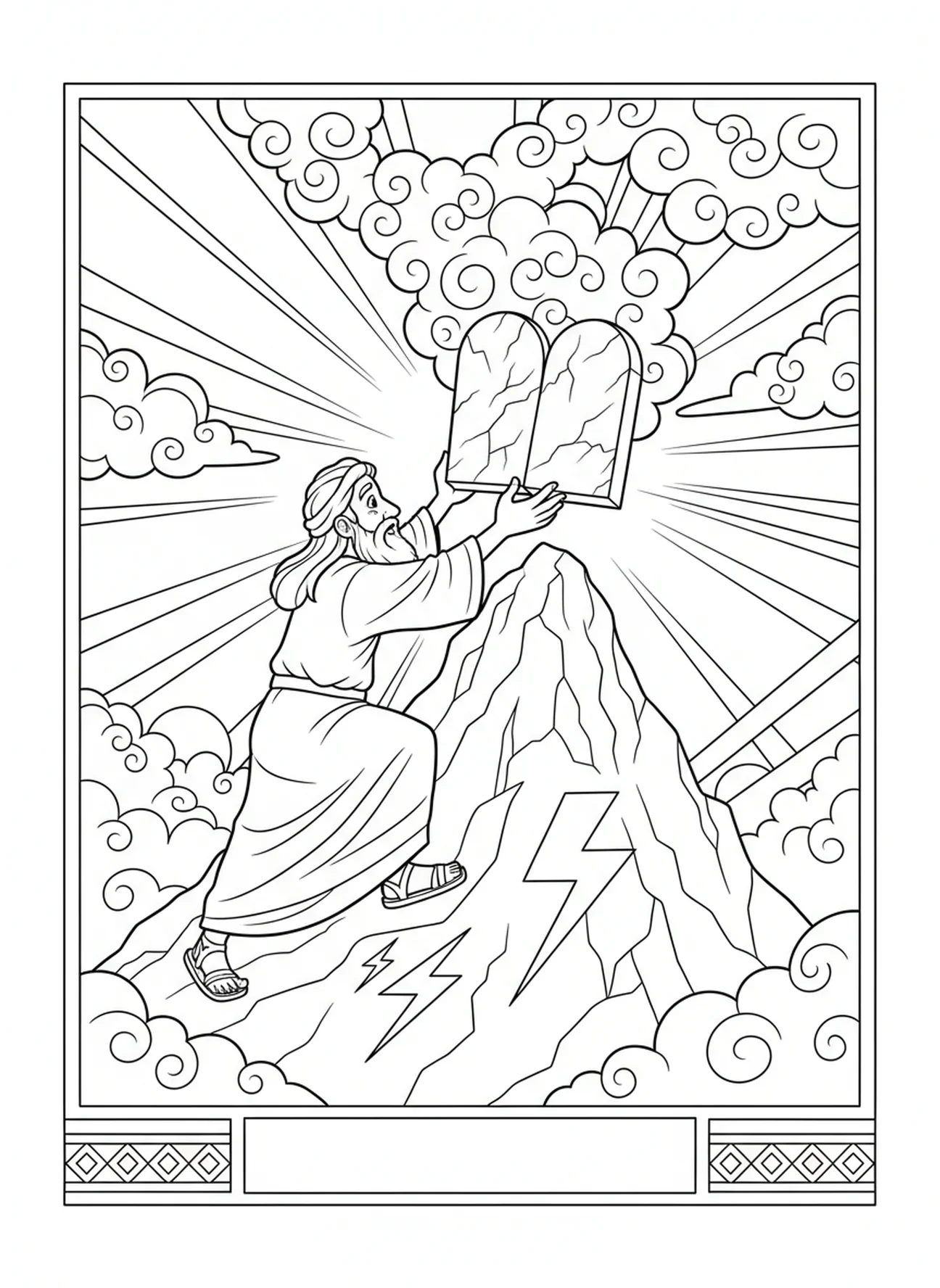 Moïse sur le mont Sinaï, page à colorier avec le bâton de Moïse pour les enfants de 5 à 10 ans.