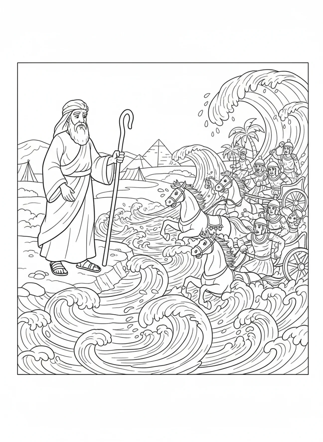 L'armée de Pharaon se noyant dans la mer, page à colorier du bâton de Moïse pour les enfants de 5 à 10 ans.