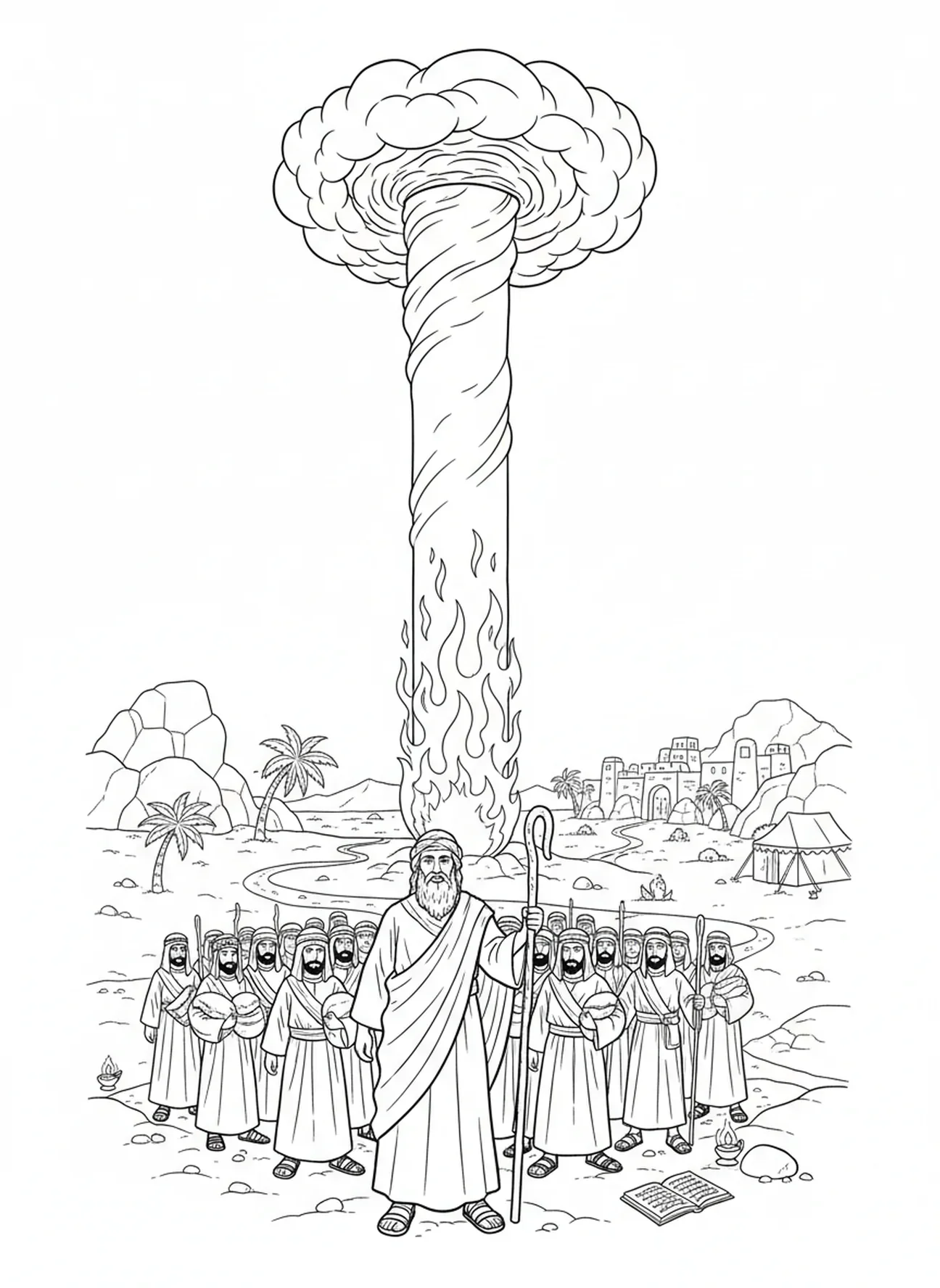 Wolken- und Feuersäule, die die Israeliten führt, Ausmalbild von Moses' Stab für die Sonntagsschule für Kinder im Alter von 5-12 Jahren