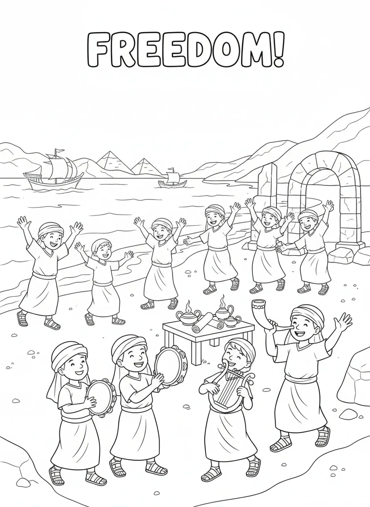 Israeliten feiern am Ufer, Moses Stab Ausmalbild für die Sonntagsschule Kinder im Alter von 5-12 Jahren