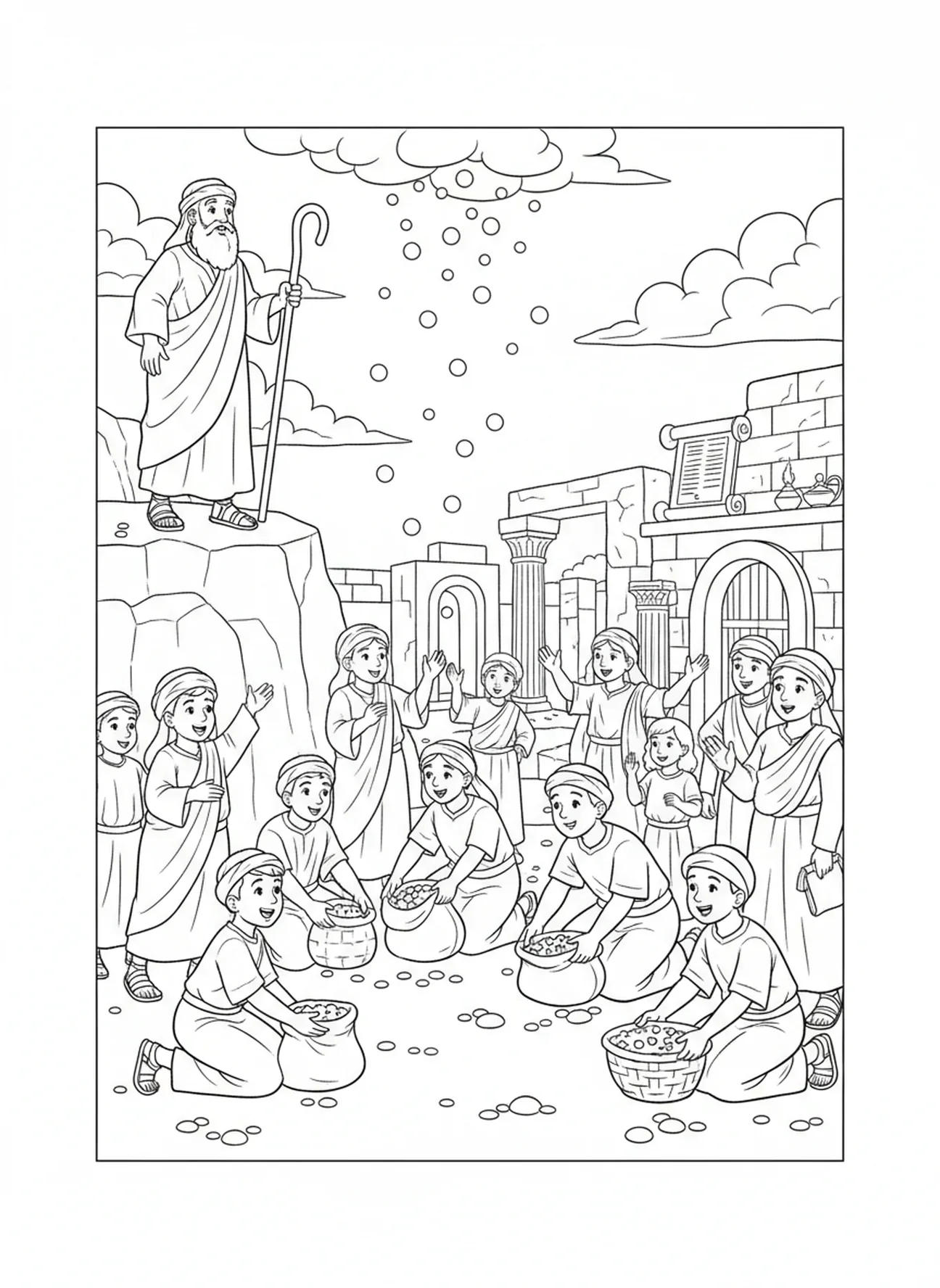 Manna fällt vom Himmel, Ausmalbild von Moses' Stab für Sonntagsschulkinder im Alter von 5-12 Jahren