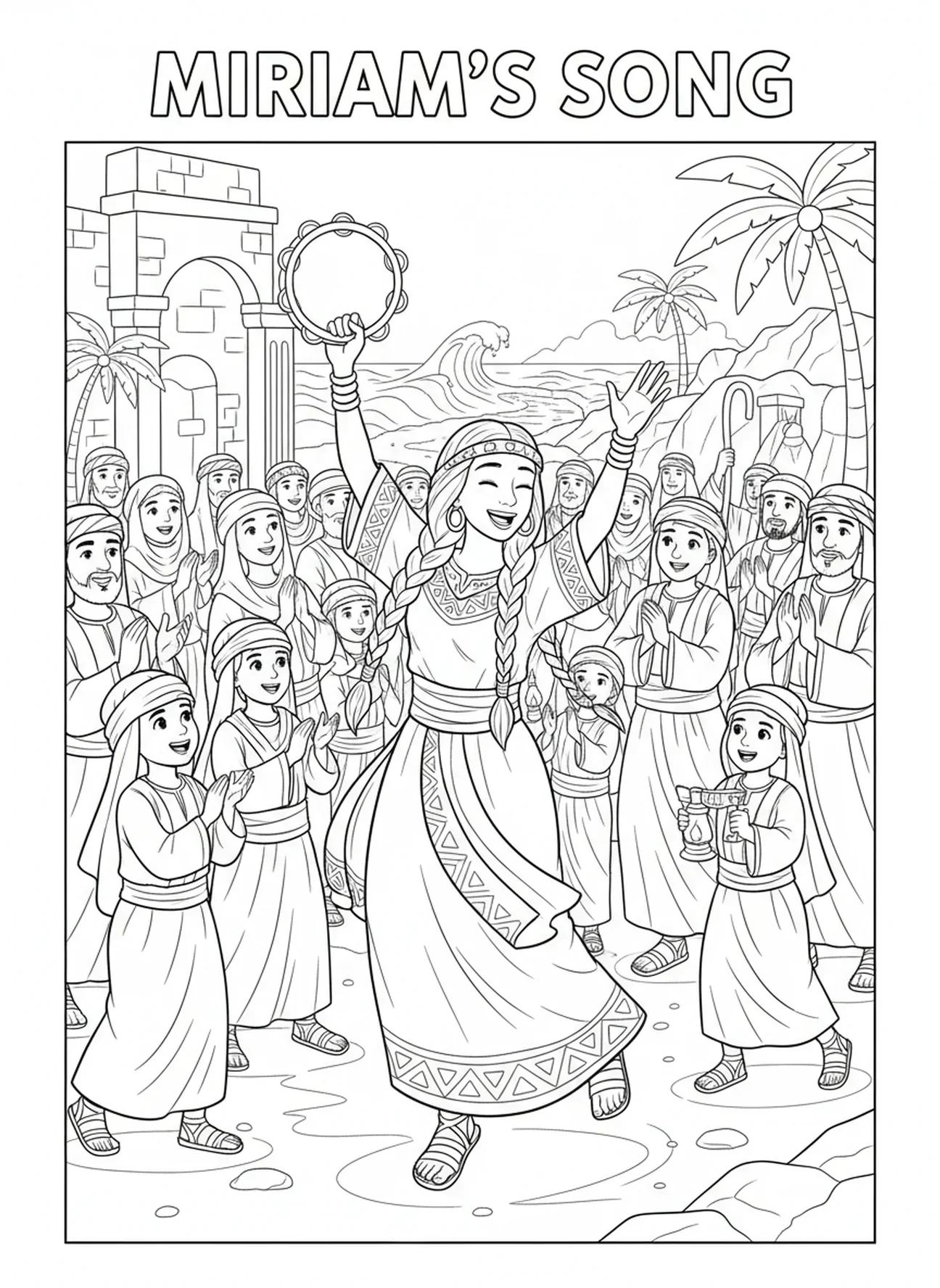Miriam tanzt mit einem Tamburin, Ausmalbild von Moses' Stab für Kinder im Religionsunterricht im Alter von 5-12 Jahren