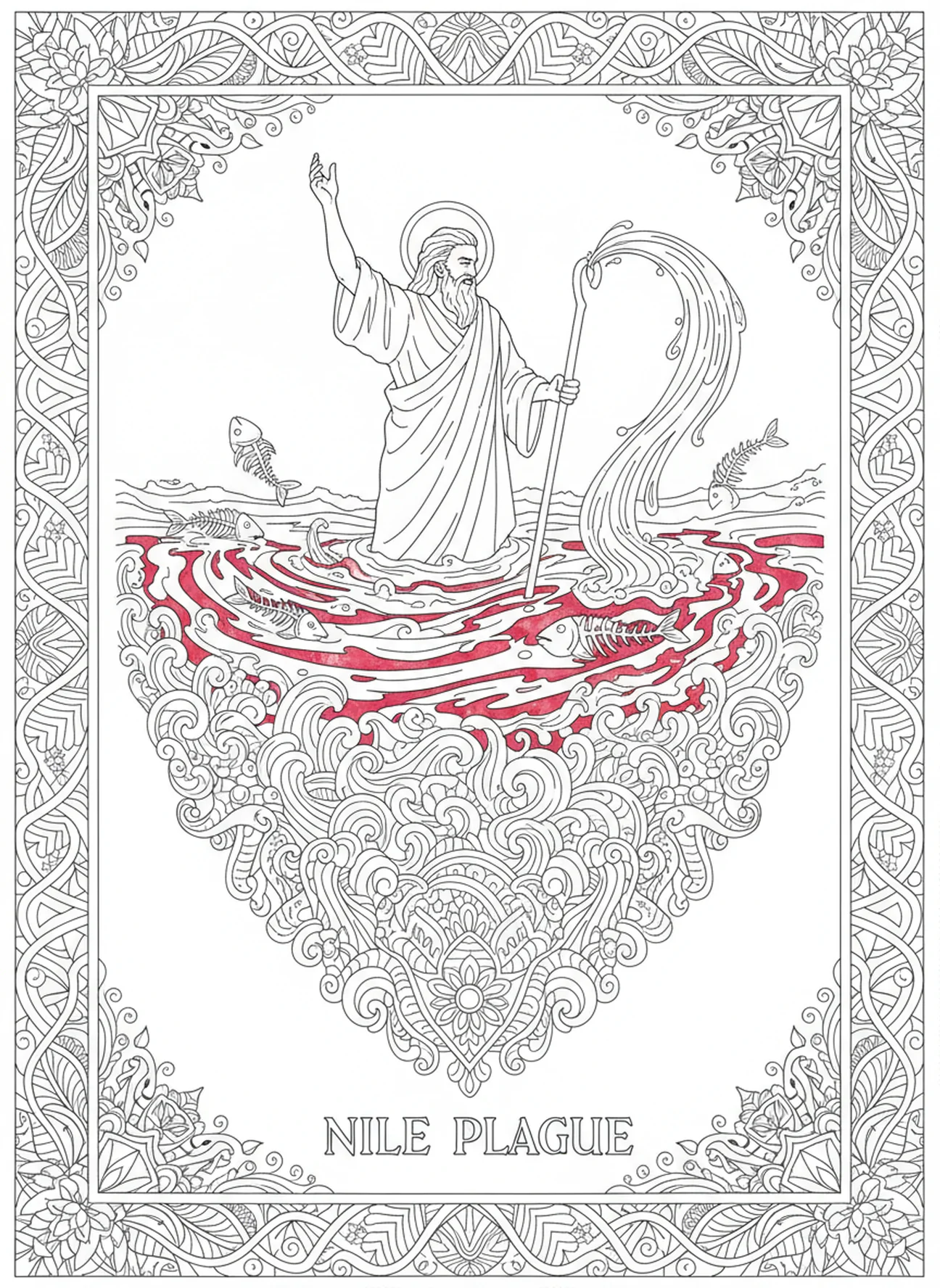 Der Nil verwandelt sich in Blut, Moses' Zehn Plagen Malvorlage für Erwachsene im Bibel-Journaling-Stil.