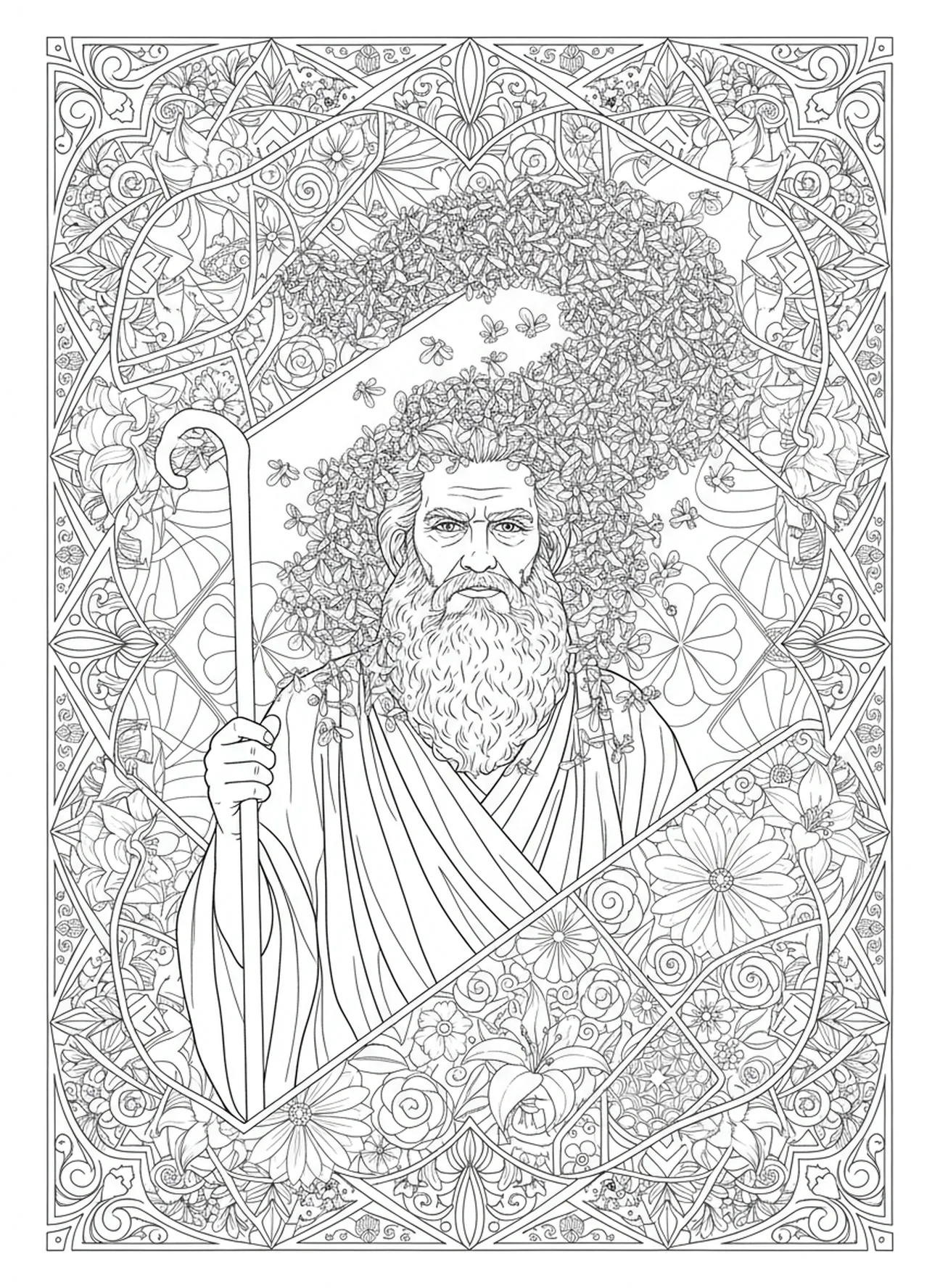 Schwarm von Fliegen um Mose, Ausmalbild der zehn Plagen für Erwachsene im Bibel-Journaling-Stil.