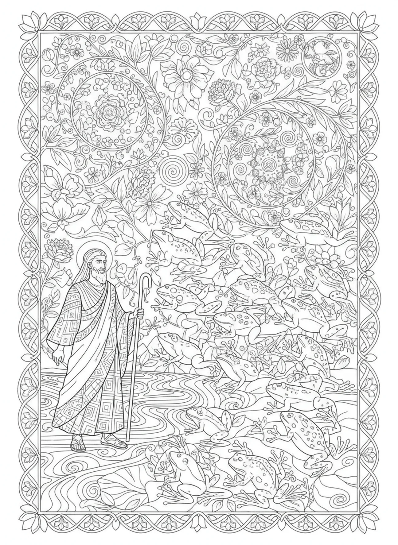 Frösche springen aus dem Nil, Moses und die zehn Plagen Ausmalbild für Erwachsene im Bibel-Journaling-Stil.