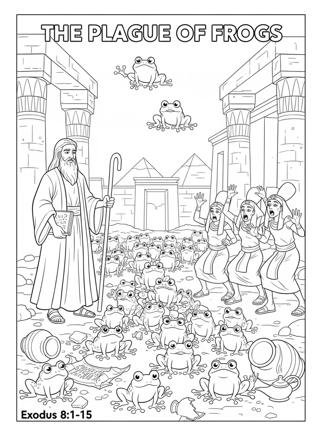Des grenouilles envahissant l'Égypte, page à colorier sur les Dix Plaies pour les enfants de l'École du dimanche âgés de 5 à 12 ans