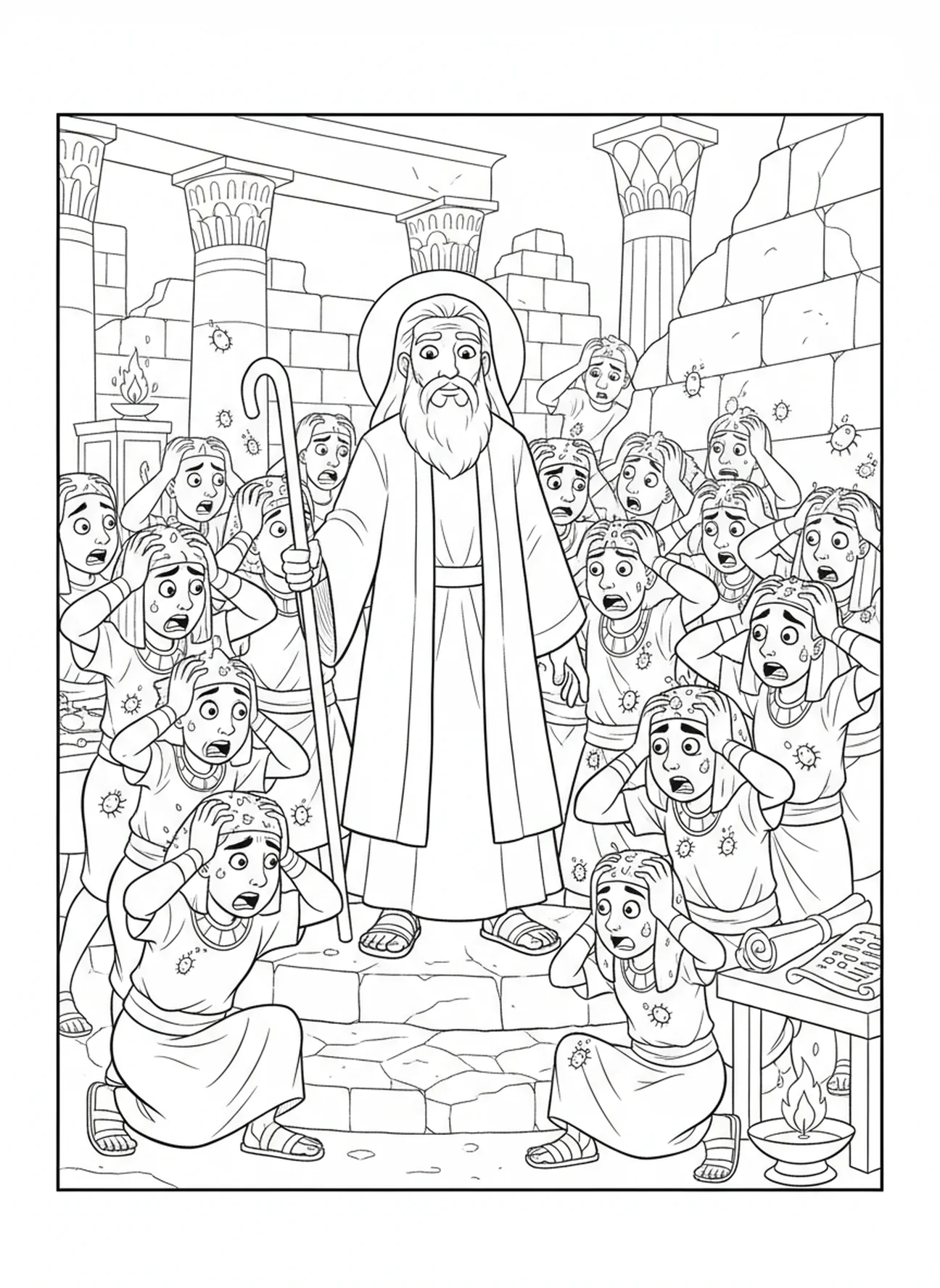 Plaie des poux touchant les Égyptiens, page à colorier des Dix Plaies de Moïse pour les enfants de l'École du dimanche âgés de 5 à 12 ans