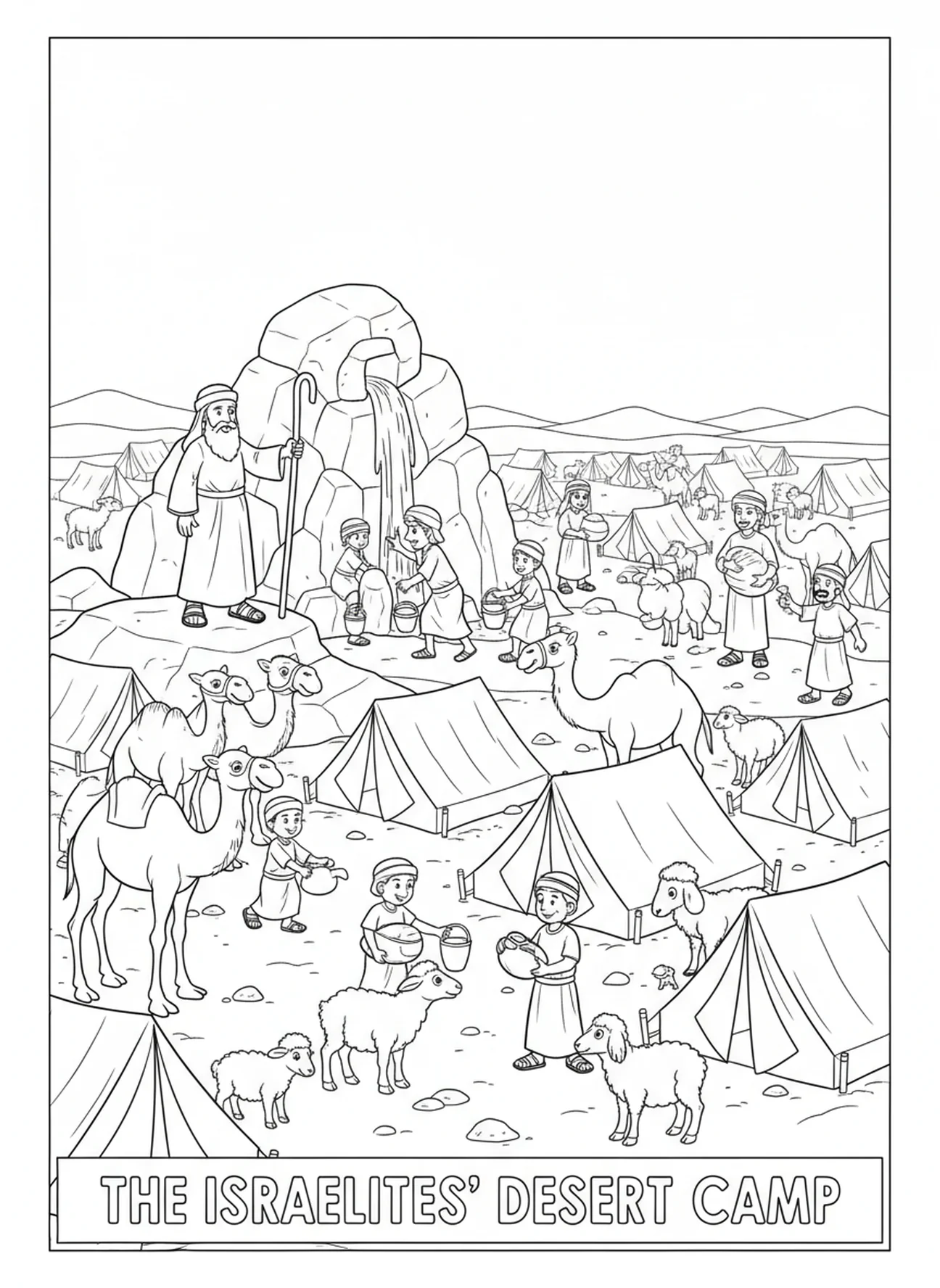 Israeliten im Zeltlager in der Wüste, Moses Wasser aus dem Felsen Ausmalbild für Kinder im Alter von 5-10 Jahren.