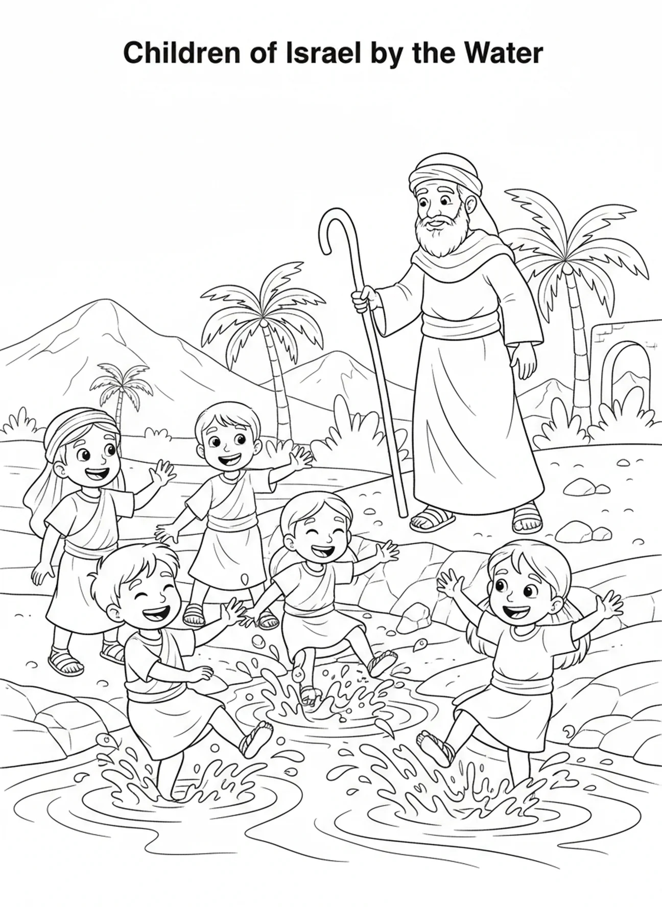 Kinder spielen am Wasser, Ausmalbild von Mose, Wasser aus dem Felsen für Kinder im Alter von 5-10 Jahren.