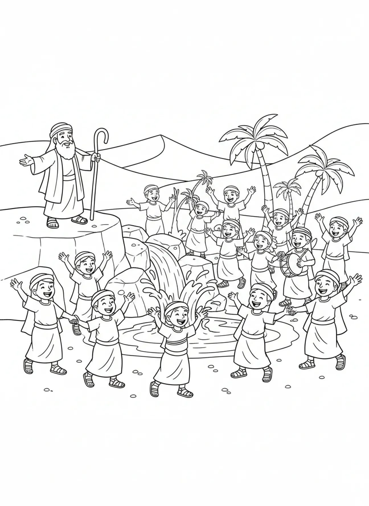 Die Israeliten feiern fröhlich, Aus Moses Wasser aus dem Felsen Malvorlage für Kinder im Alter von 5-10 Jahren.