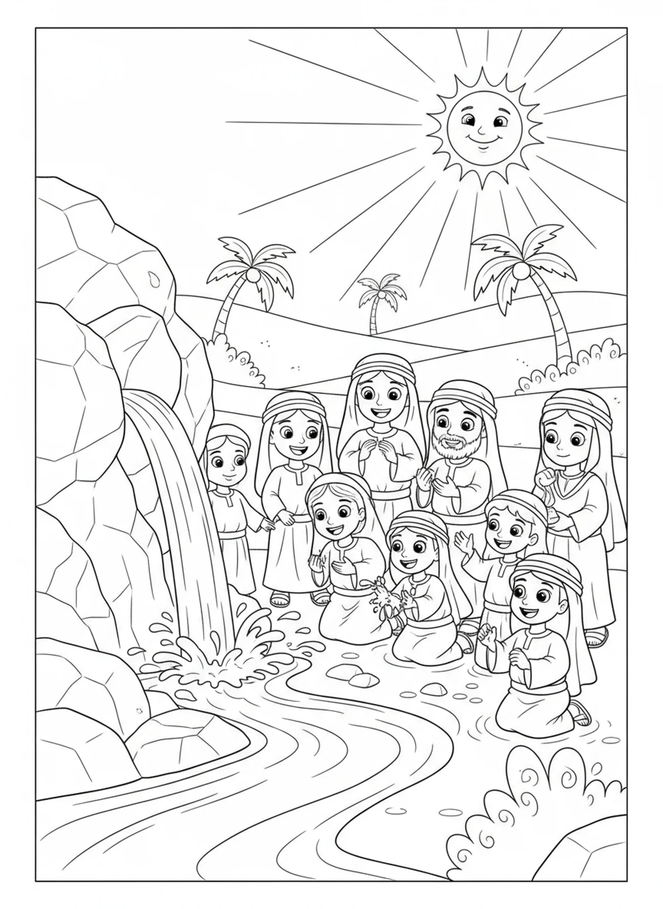 Gruppe von Israeliten, die Wasser trinken, Ausmalbild von Mose Wasser aus dem Felsen für Kinder im Alter von 5-10 Jahren.