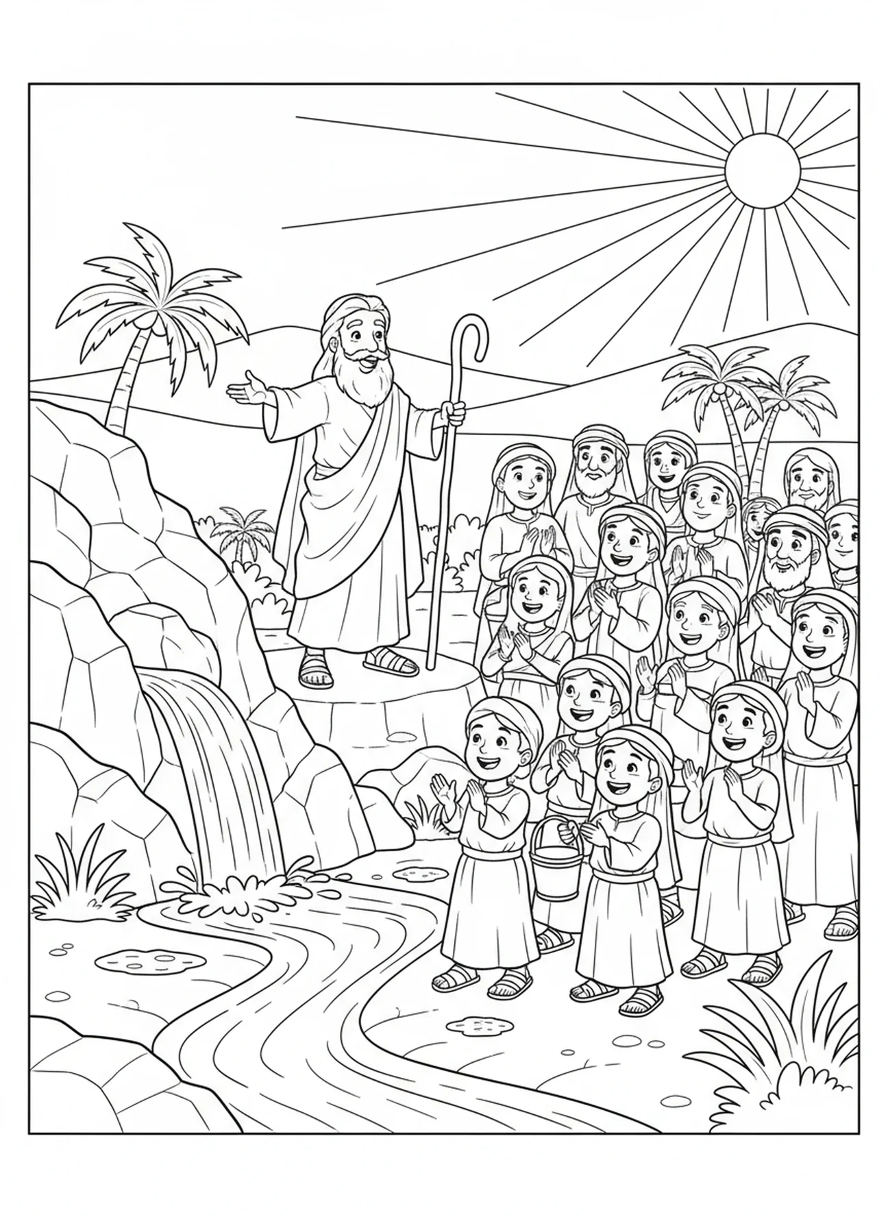 Mose ermutigt die Israeliten, Ausmalbild Mose Wasser aus dem Felsen für Kinder im Alter von 5-10 Jahren.