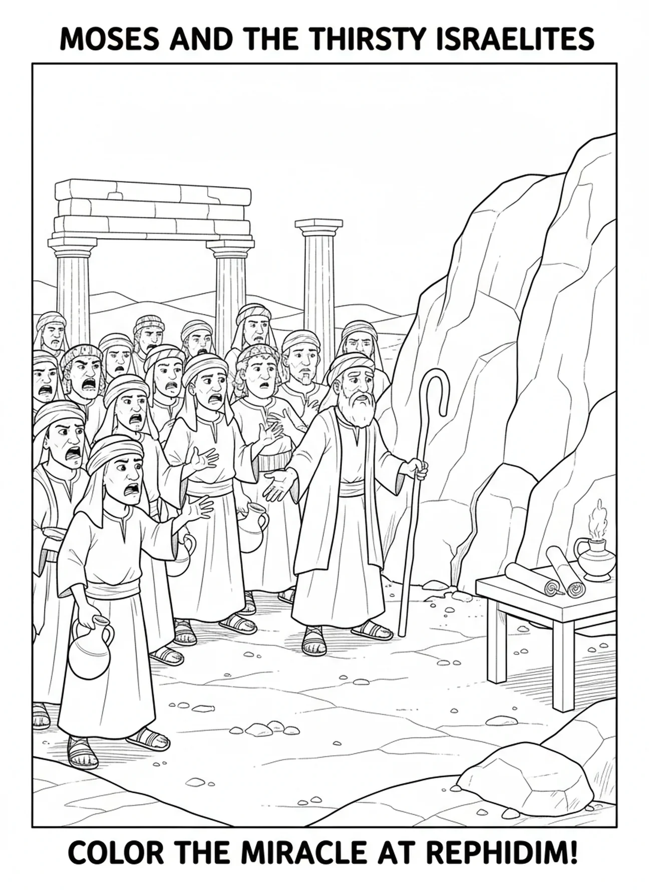 Israeliten beschweren sich, Moses Wasser aus dem Felsen Malvorlage für Sonntagsschulkinder im Alter von 5-12 Jahren.