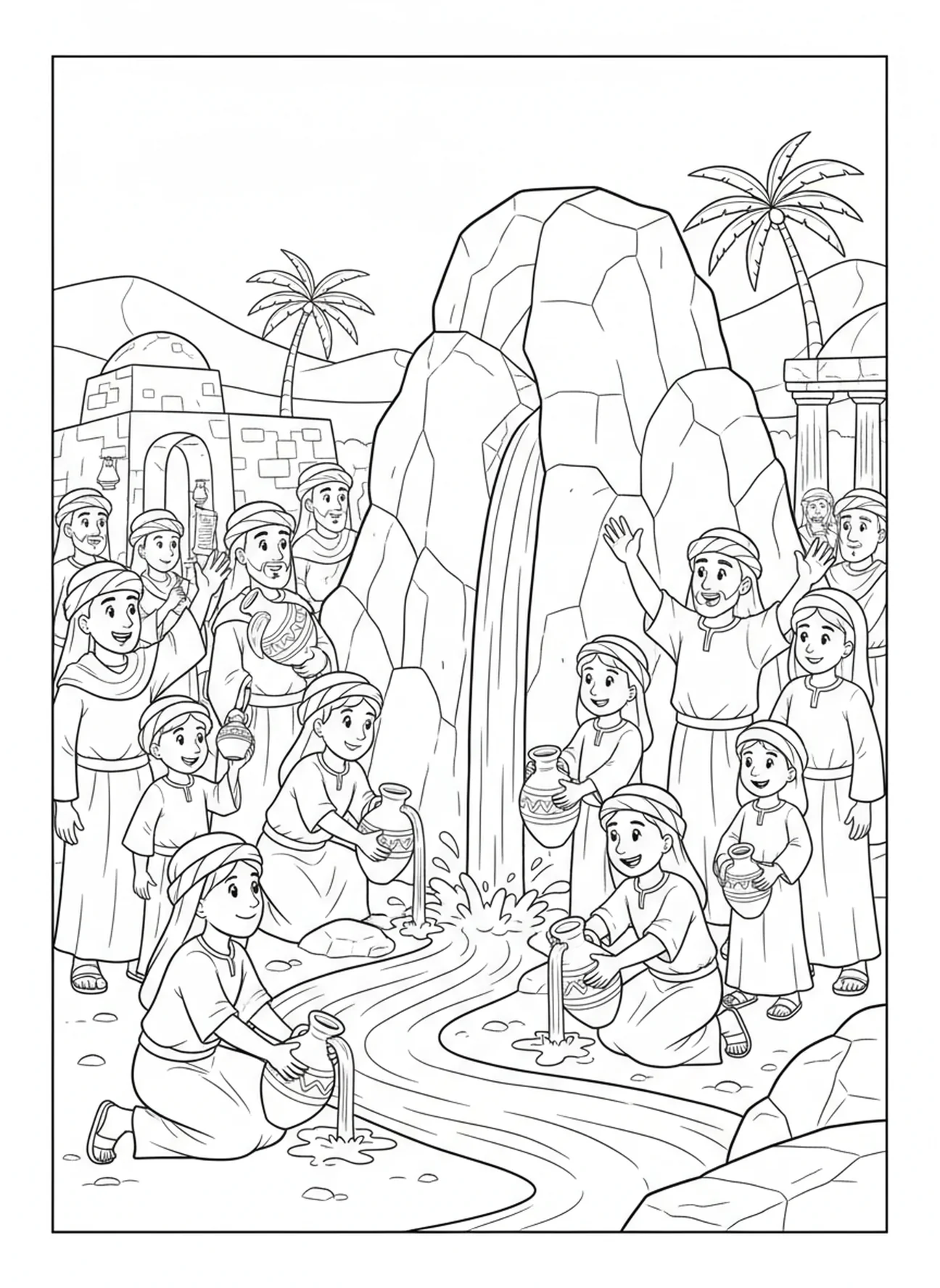 Israeliten empfangen Wasser, Moses Wasser aus dem Felsen Malvorlage für die Sonntagsschule Kinder im Alter von 5-12 Jahren.
