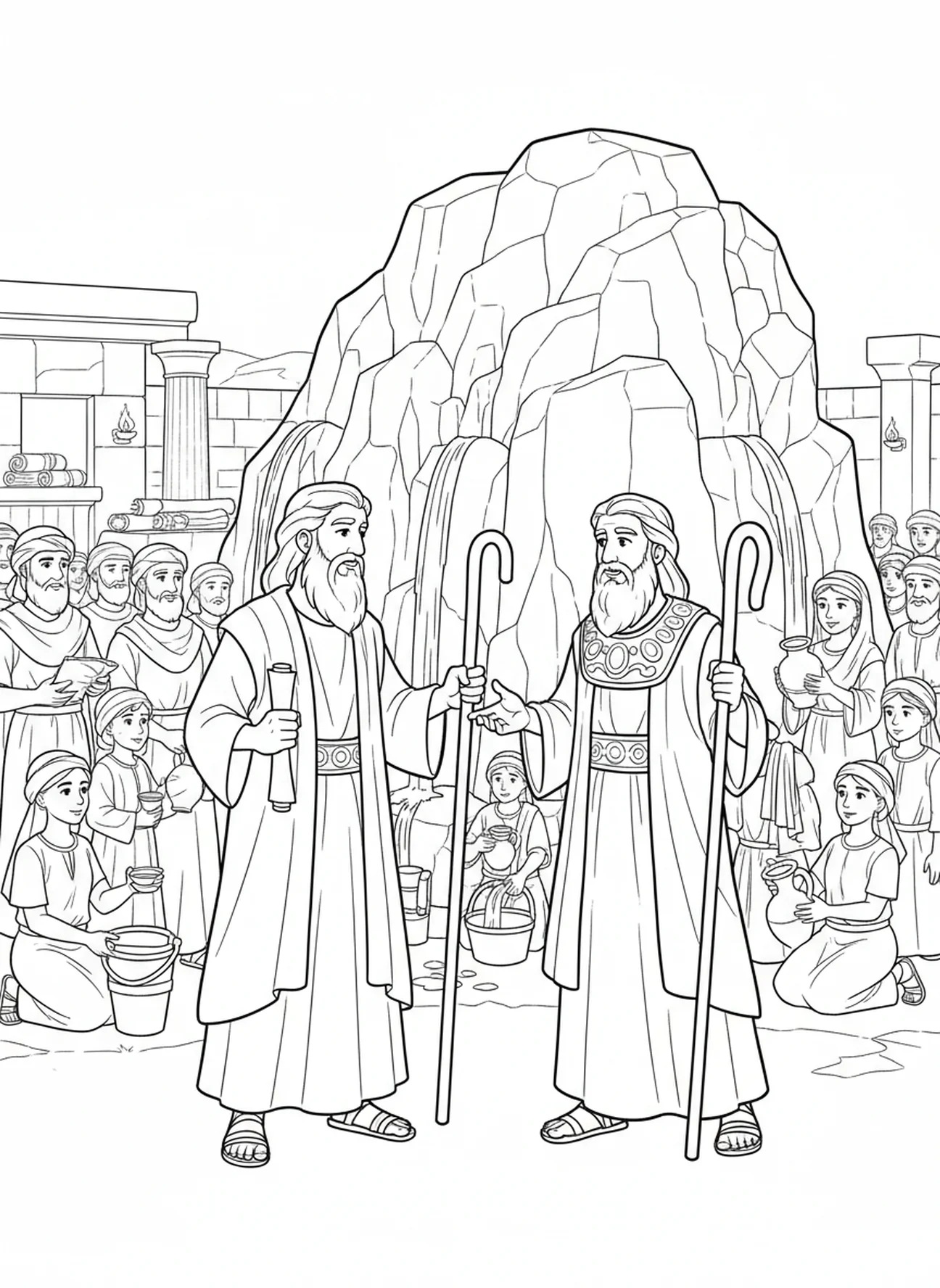 Moses und Aaron, Moses Wasser aus dem Felsen Ausmalbild für die Sonntagsschule Kinder im Alter von 5-12 Jahren.