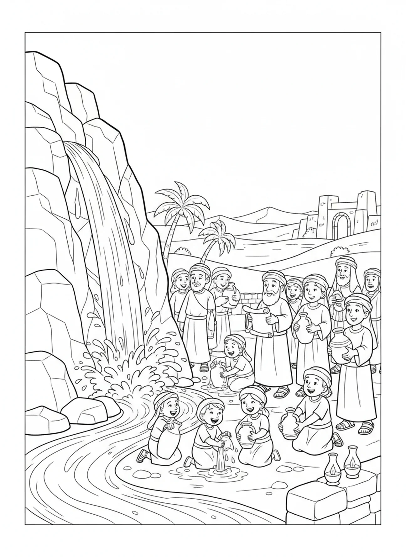 Wasser fließt aus dem Felsen, Moses Wasser aus dem Felsen Malvorlage für Sonntagsschule Kinder im Alter von 5-12 Jahren.