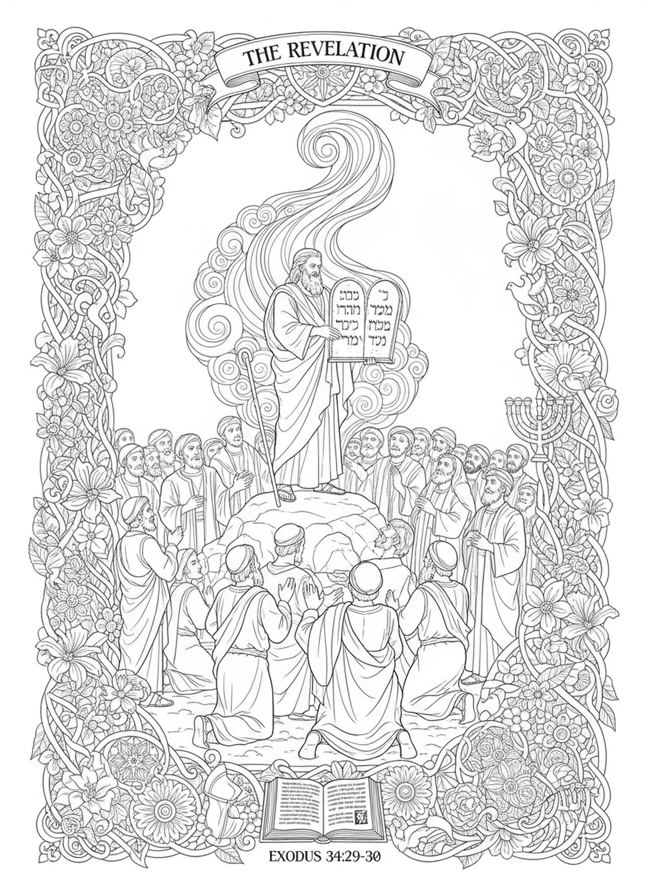 Israeliten, die die Tafeln betrachten, Moses mit Tafeln Ausmalbild für Erwachsene im Bibel-Journaling-Stil
