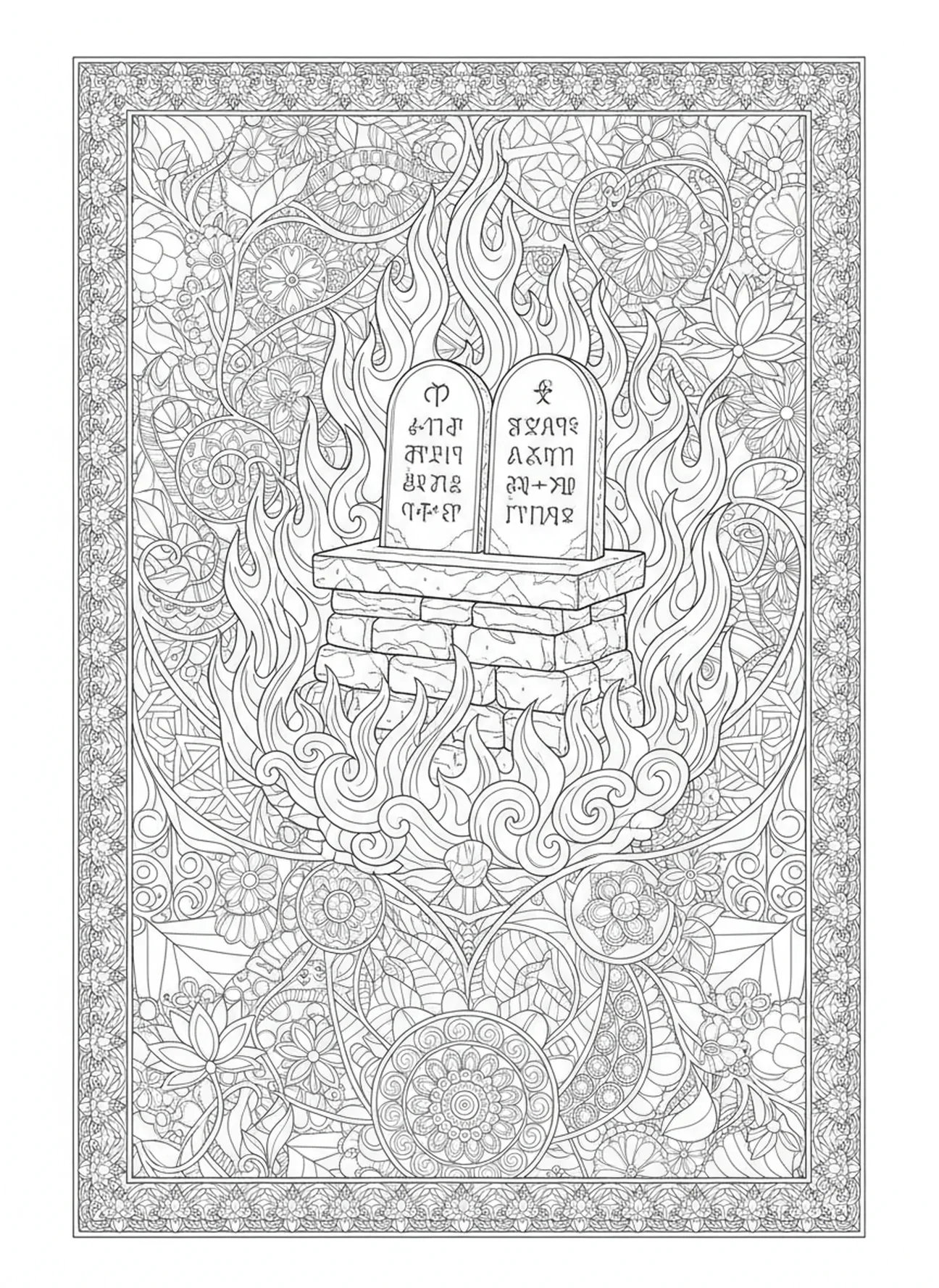 Tafeln auf dem Altar, Moses mit den Tafeln Ausmalbild für Erwachsene im Bibel-Journaling-Stil