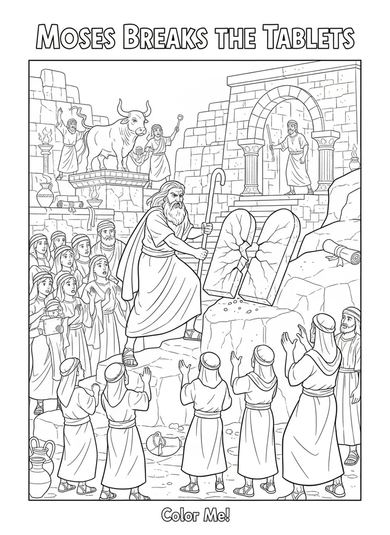 Moses zerbricht die Tafeln, Ausmalbild von Moses mit den Tafeln für Sonntagsschulkinder im Alter von 5-12 Jahren
