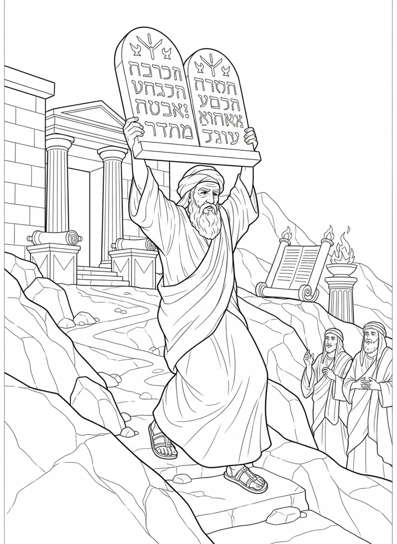 Moses, der mit den Tafeln herabsteigt, Ausmalbild für die Sonntagsschule für Kinder im Alter von 5-12 Jahren