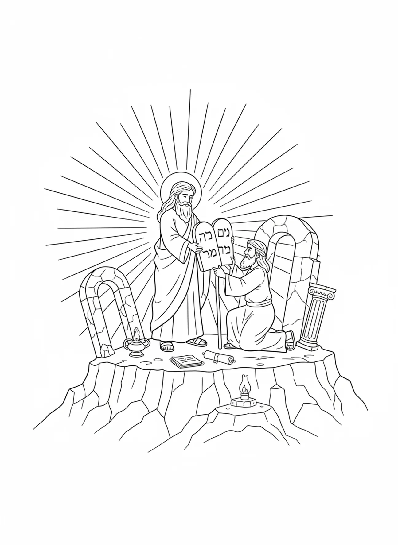Mose erhält neue Tafeln, Ausmalbild von Mose mit Tafeln für die Sonntagsschule für Kinder im Alter von 5-12 Jahren