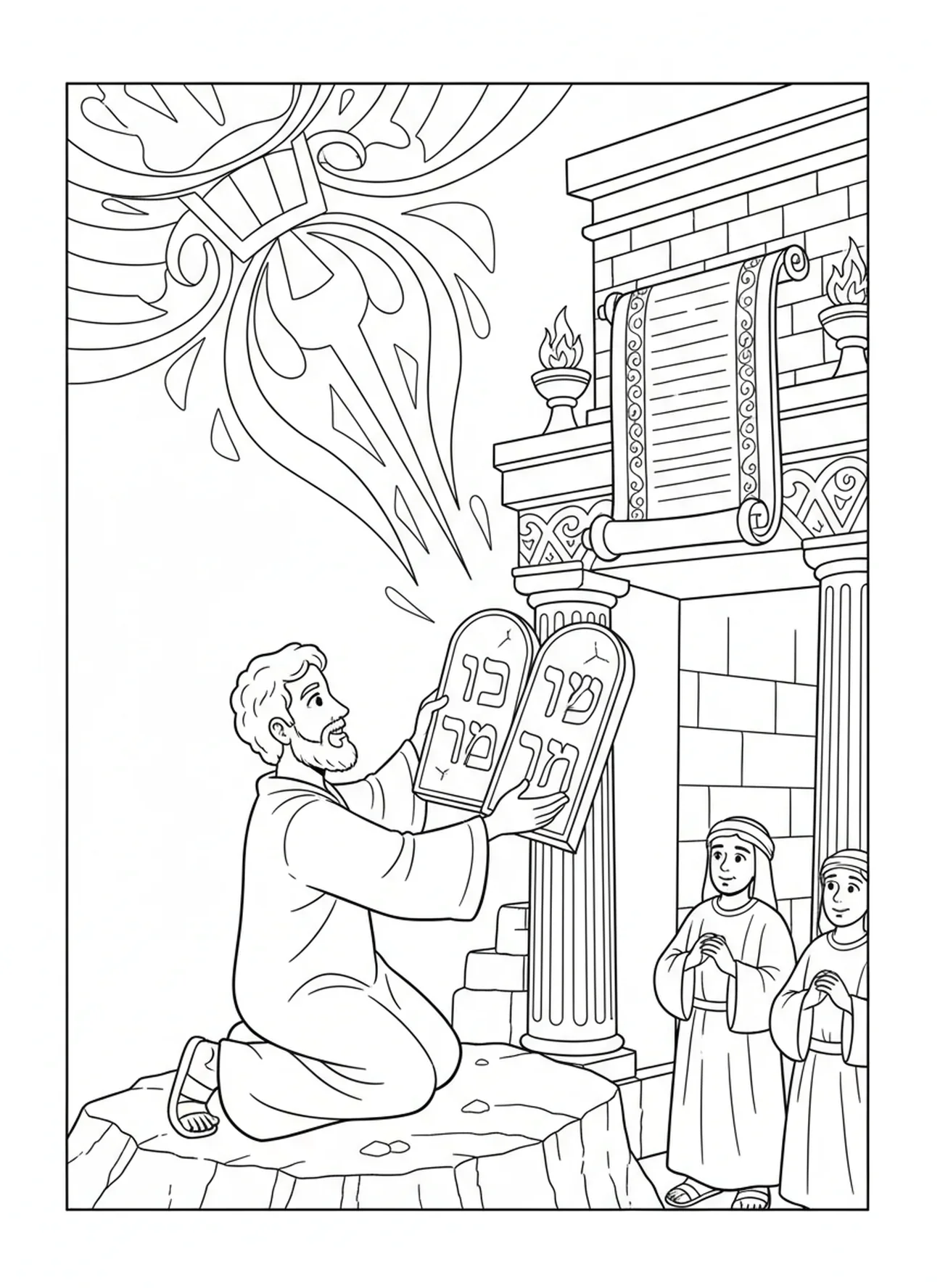 Moses empfängt die Tafeln, Ausmalbild von Moses mit den Tafeln für Kinder in der Sonntagsschule im Alter von 5-12 Jahren
