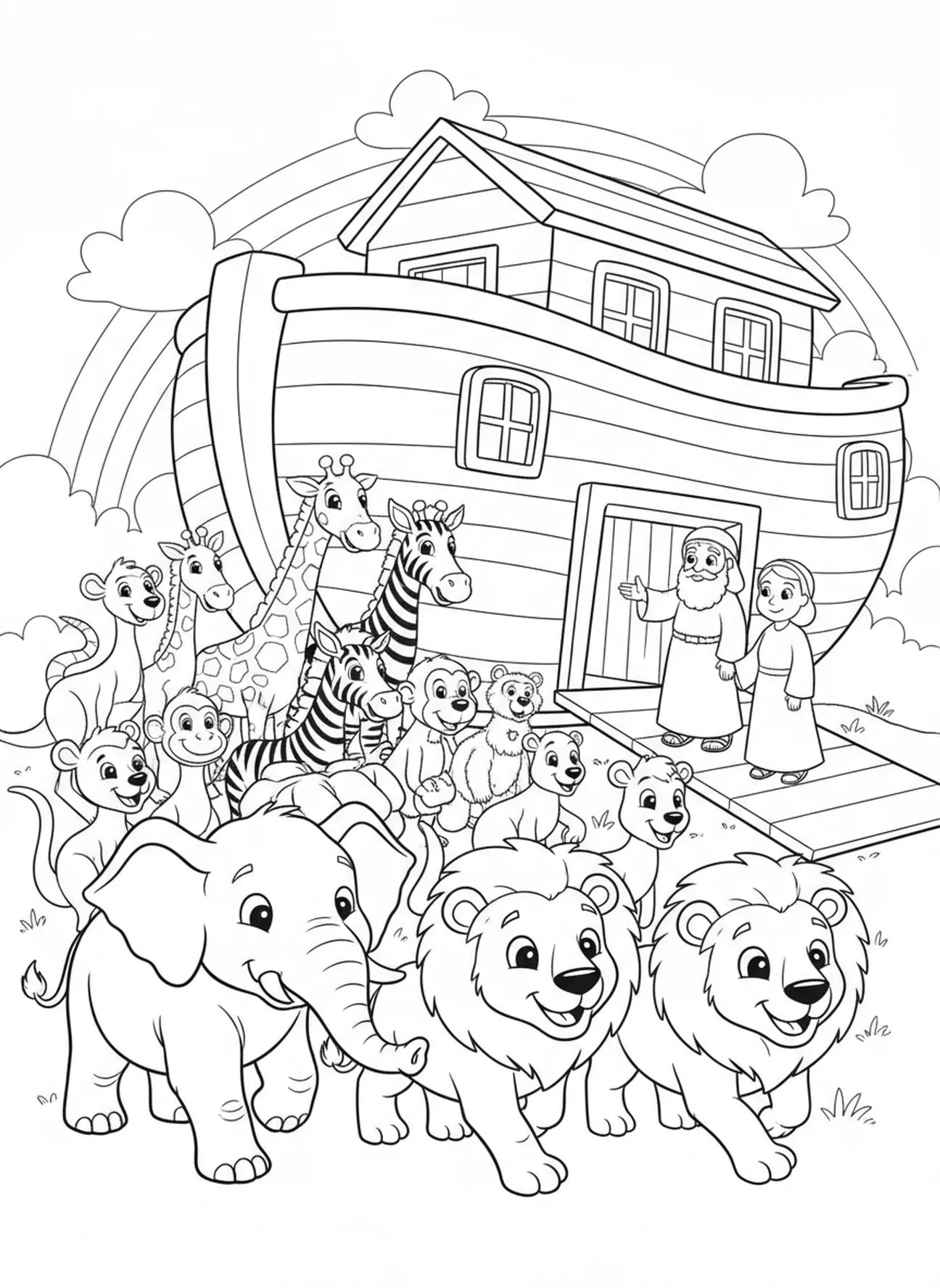 Paires d'animaux montant à bord, page à colorier du Mont Ararat pour les enfants de 5 à 10 ans