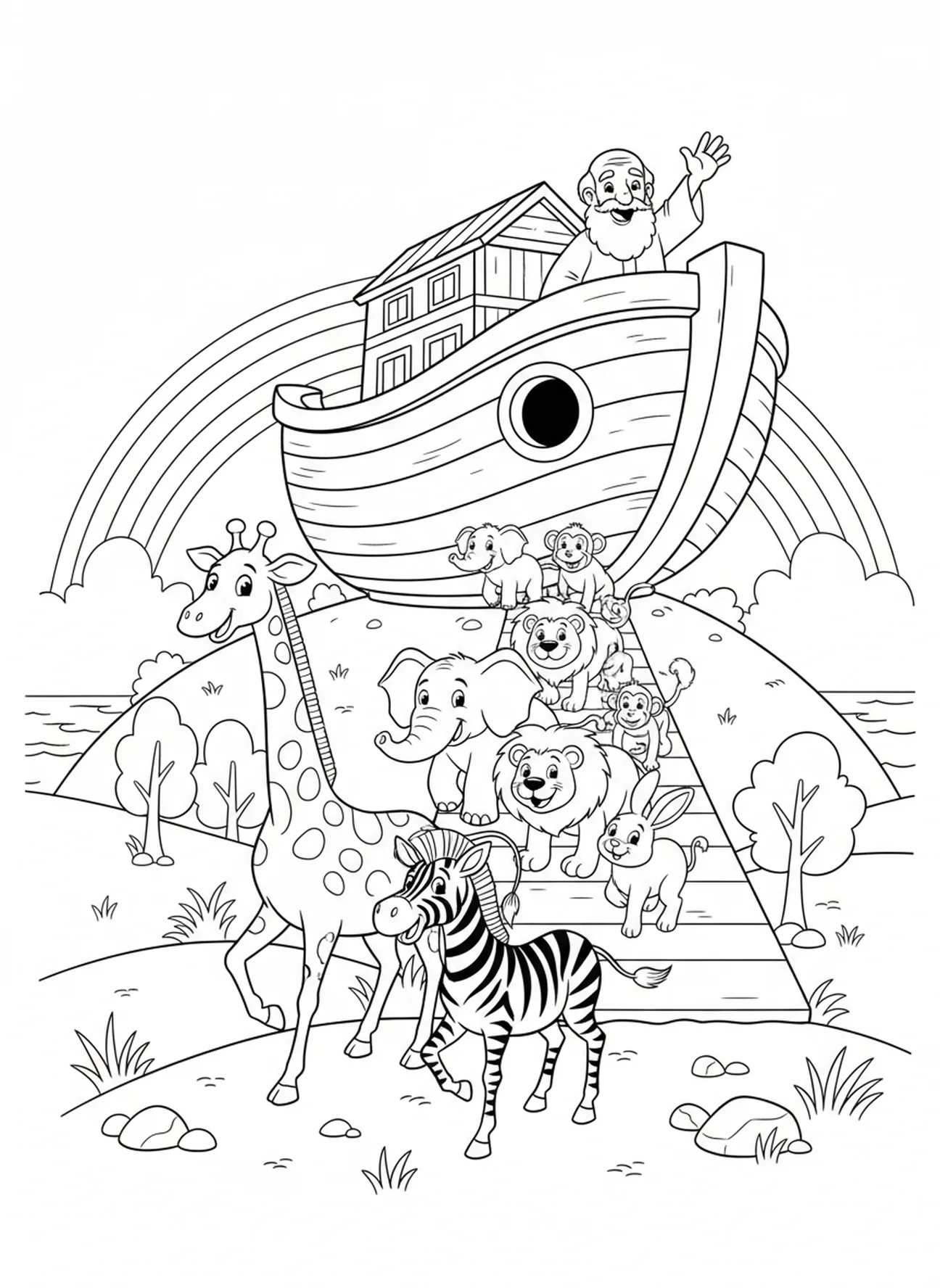Animaux quittant l'arche, page à colorier du Mont Ararat pour enfants de 5 à 10 ans